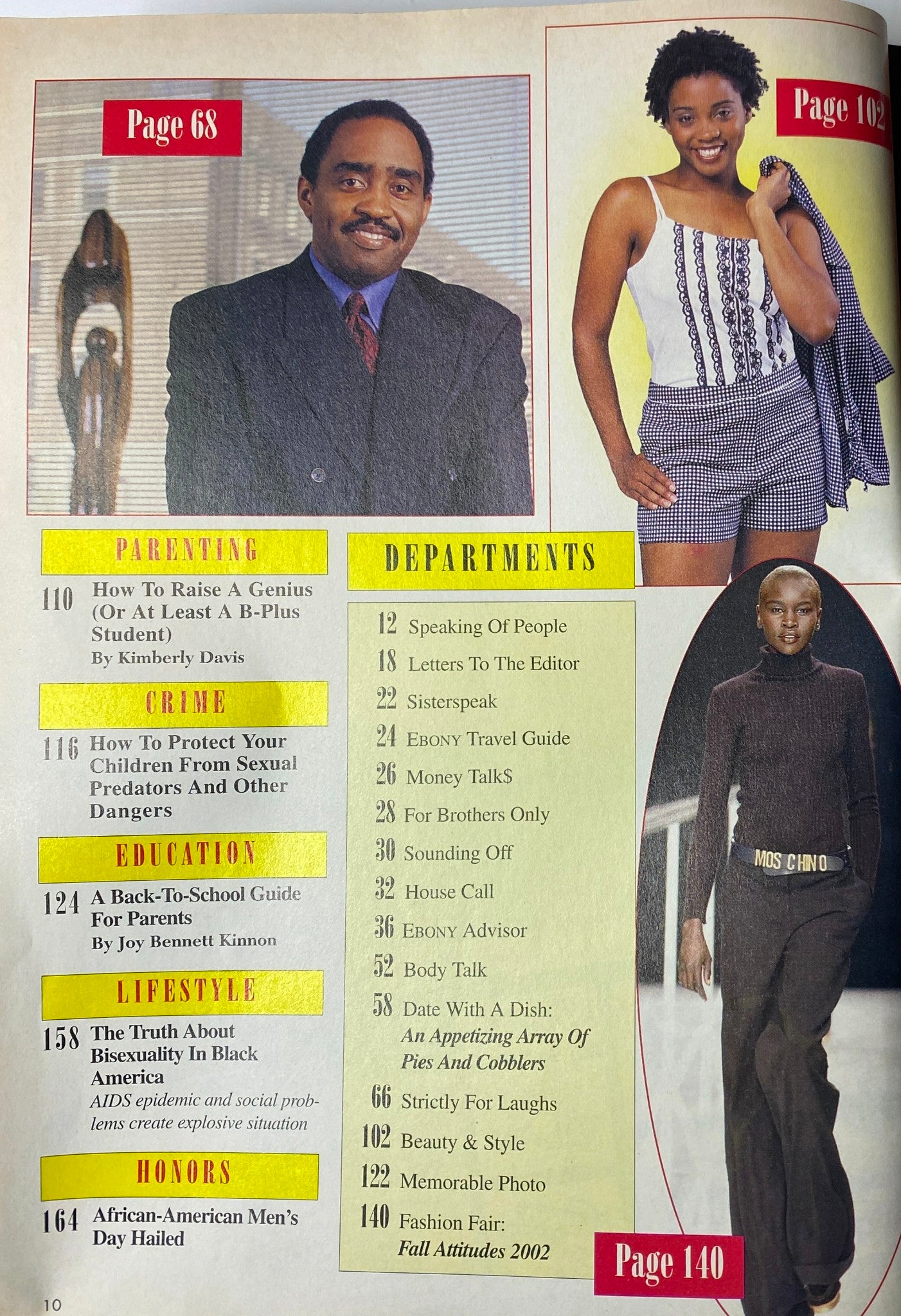 Interior page of Ebony Magazine August 2002, featuring articles on parenting, education, and lifestyle topics, alongside a fashion spread.