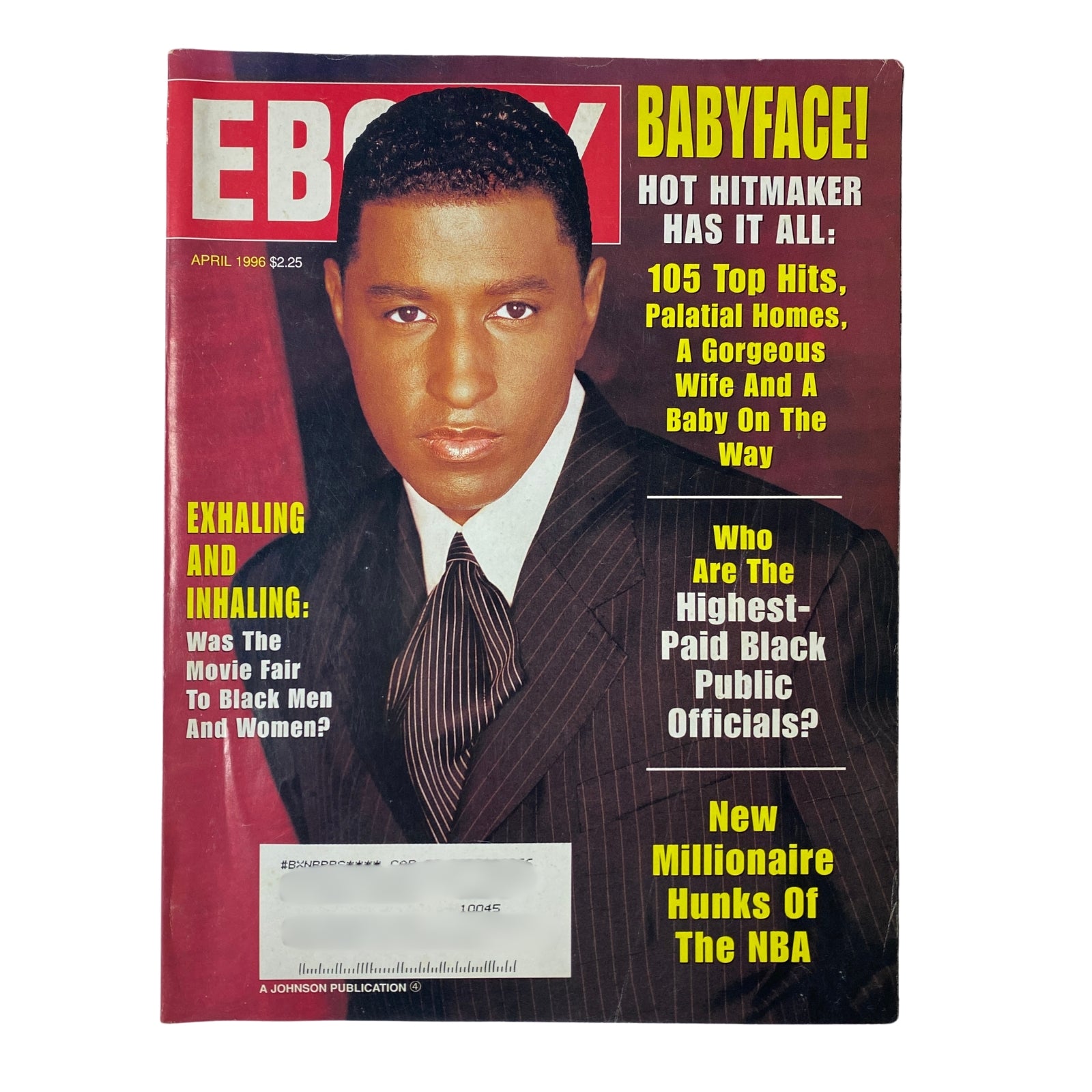 Cover of Ebony Magazine, April 1996, featuring Babyface, titled 'Babyface! Hot Hittmaker Has It All'. Highlights topics such as top hits, public officials, and millionaire NBA hunks.