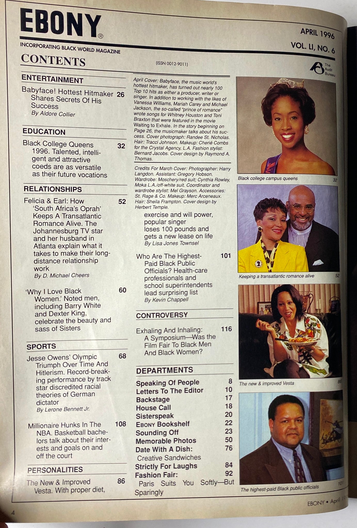Contents page of Ebony Magazine, April 1996, Vol. LI, No. 6. Featuring sections on entertainment, relationships, and notable profiles, including 'Black College Queens 1996' and articles on public figures.