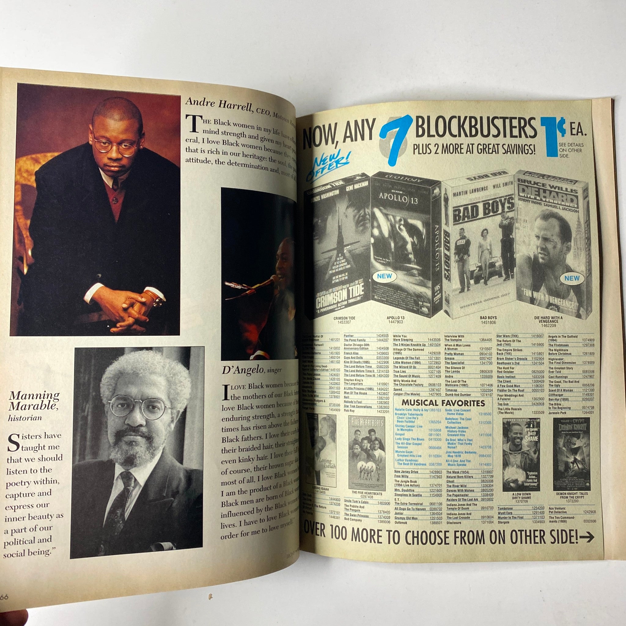 Inside pages of Ebony Magazine, April 1996, showcasing profiles of industry leaders, including Andre Harrell and Manning Marable, alongside advertisements and movie listings from the era.