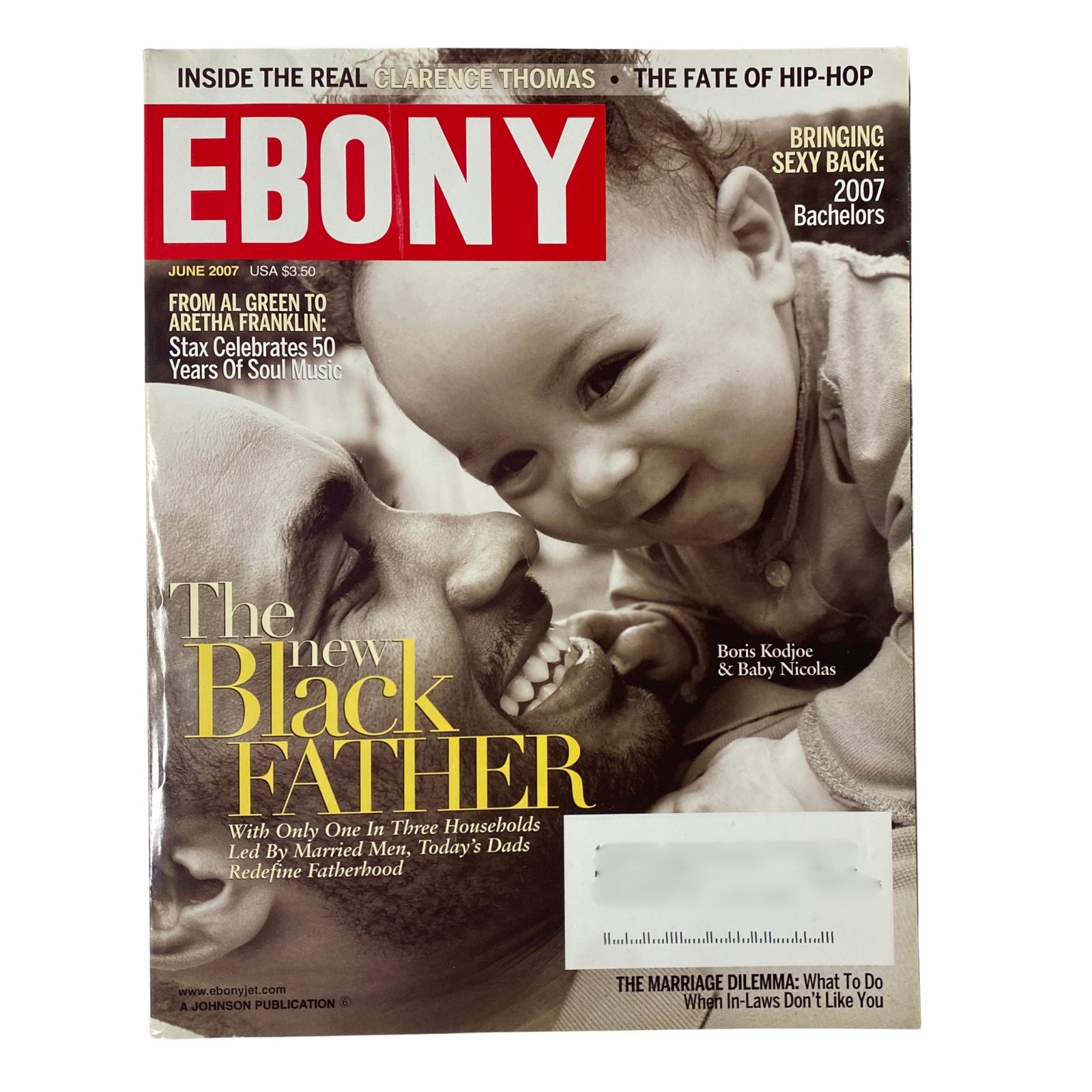 Ebony Magazine June 2007 featuring Boris Kodjoe and baby Nicolas on the cover, highlighting themes of Black fatherhood and summer fashion in Vol. LXII, No. 8.