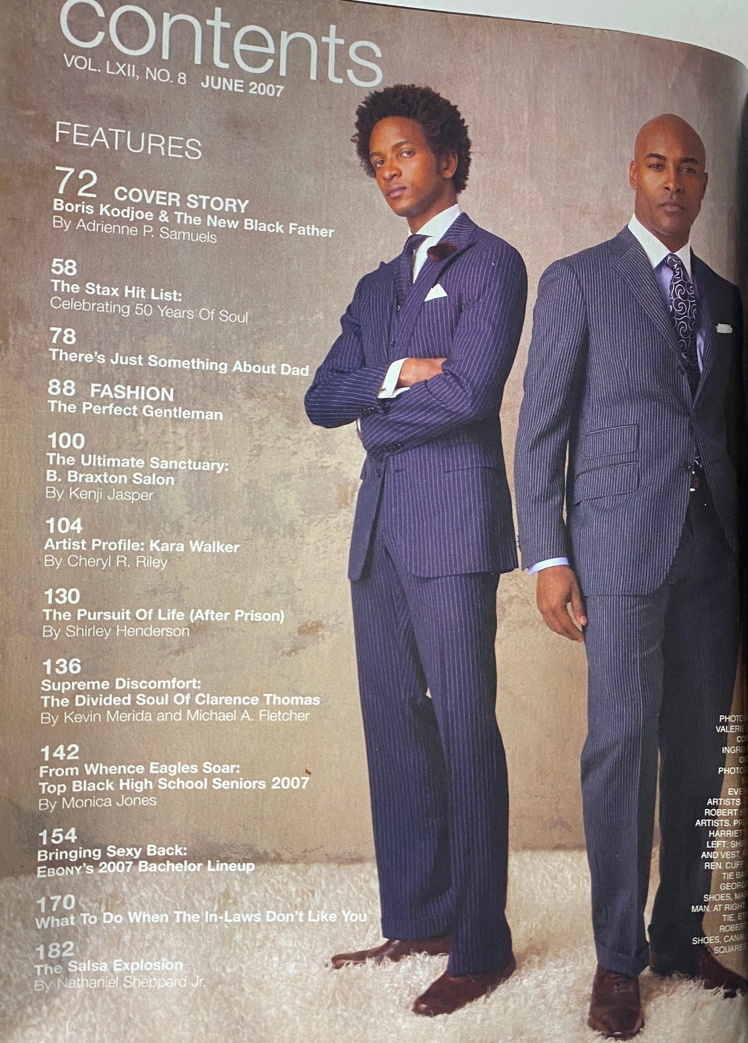 Contents page of Ebony Magazine June 2007, Vol. LXII, No. 8, outlining features including Boris Kodjoe and the new Black father.