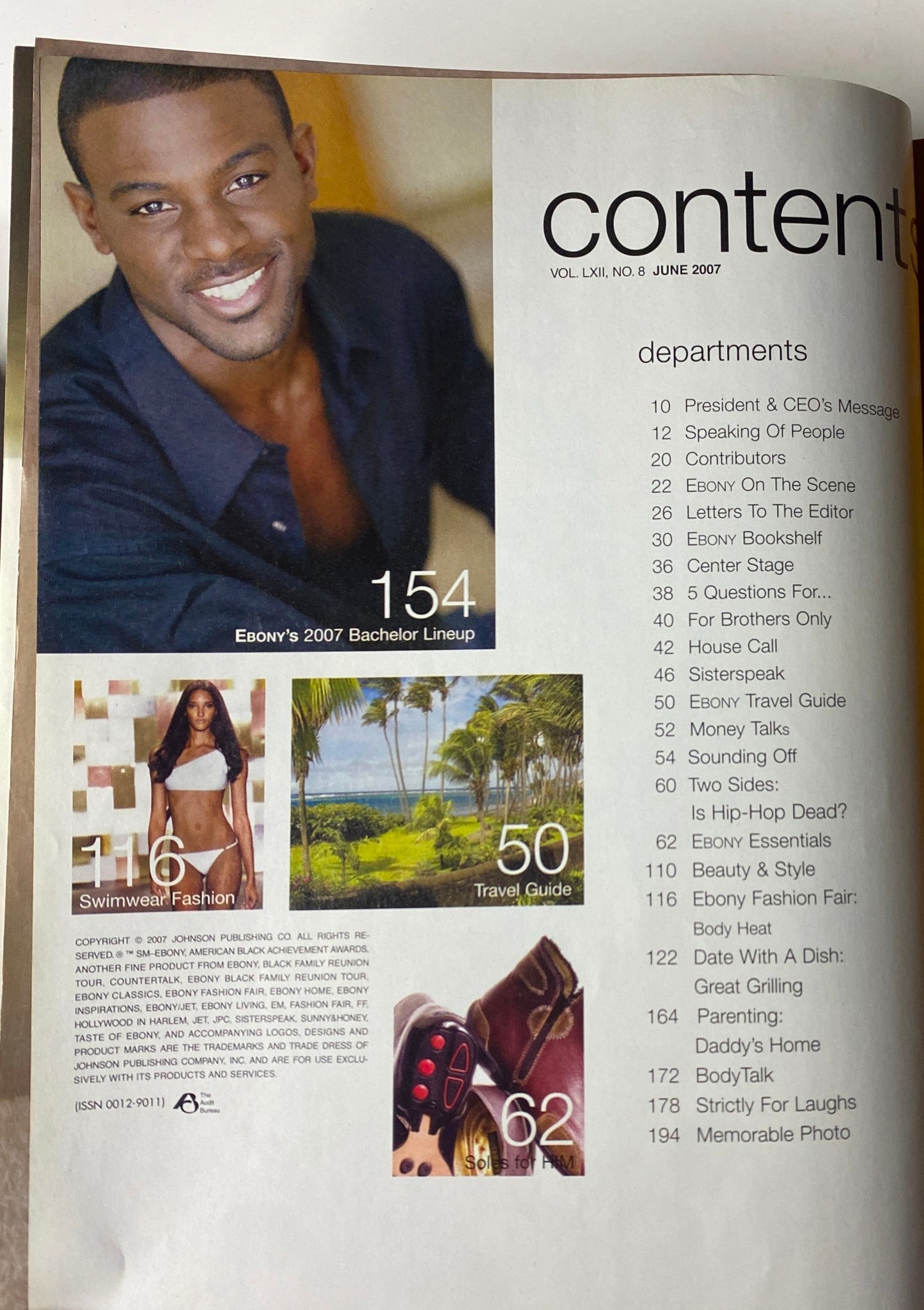 Contents page of Ebony Magazine June 2007 showcasing Ebony's 2007 Bachelor Lineup and travel guide details in Vol. LXII, No. 8.