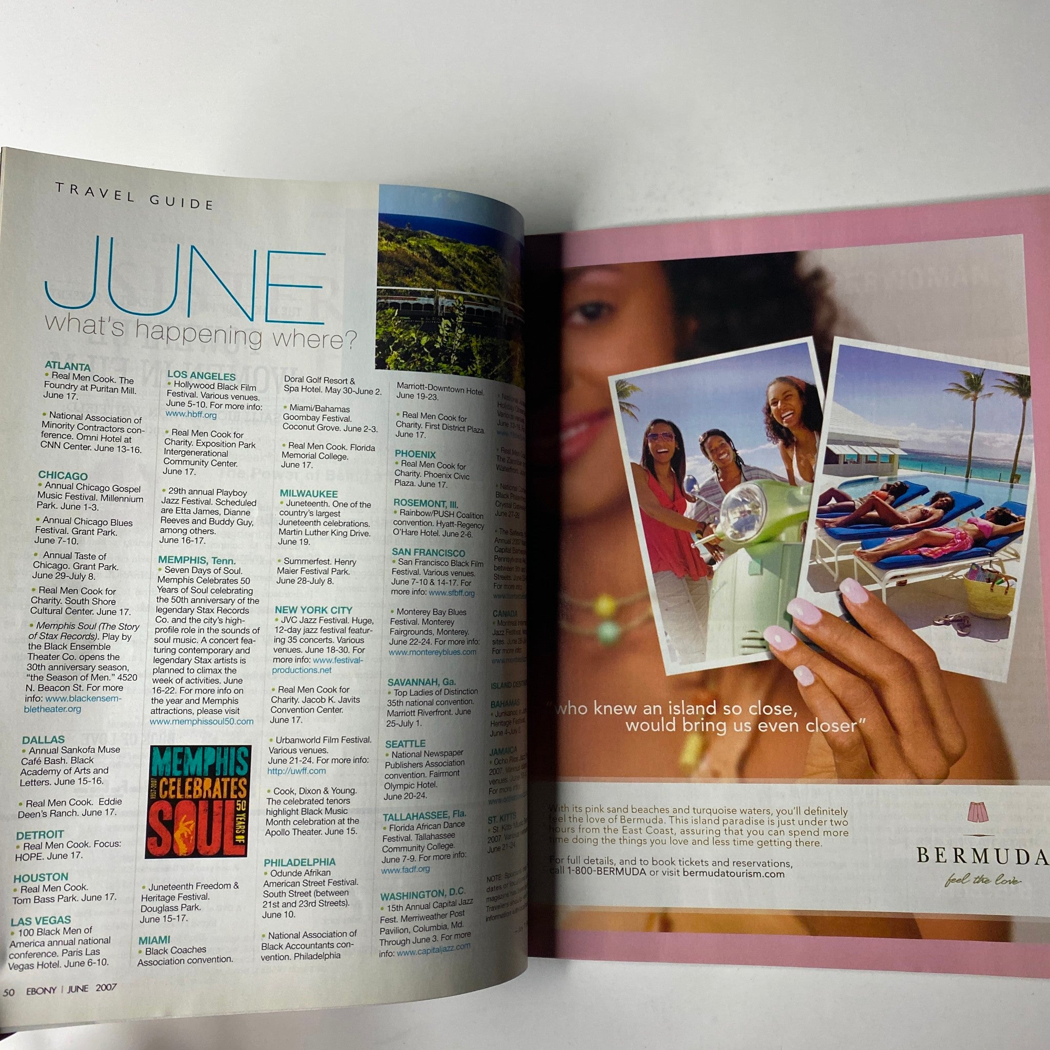 Travel guide spread from Ebony Magazine June 2007, featuring popular destinations and events for June in Vol. LXII, No. 8.