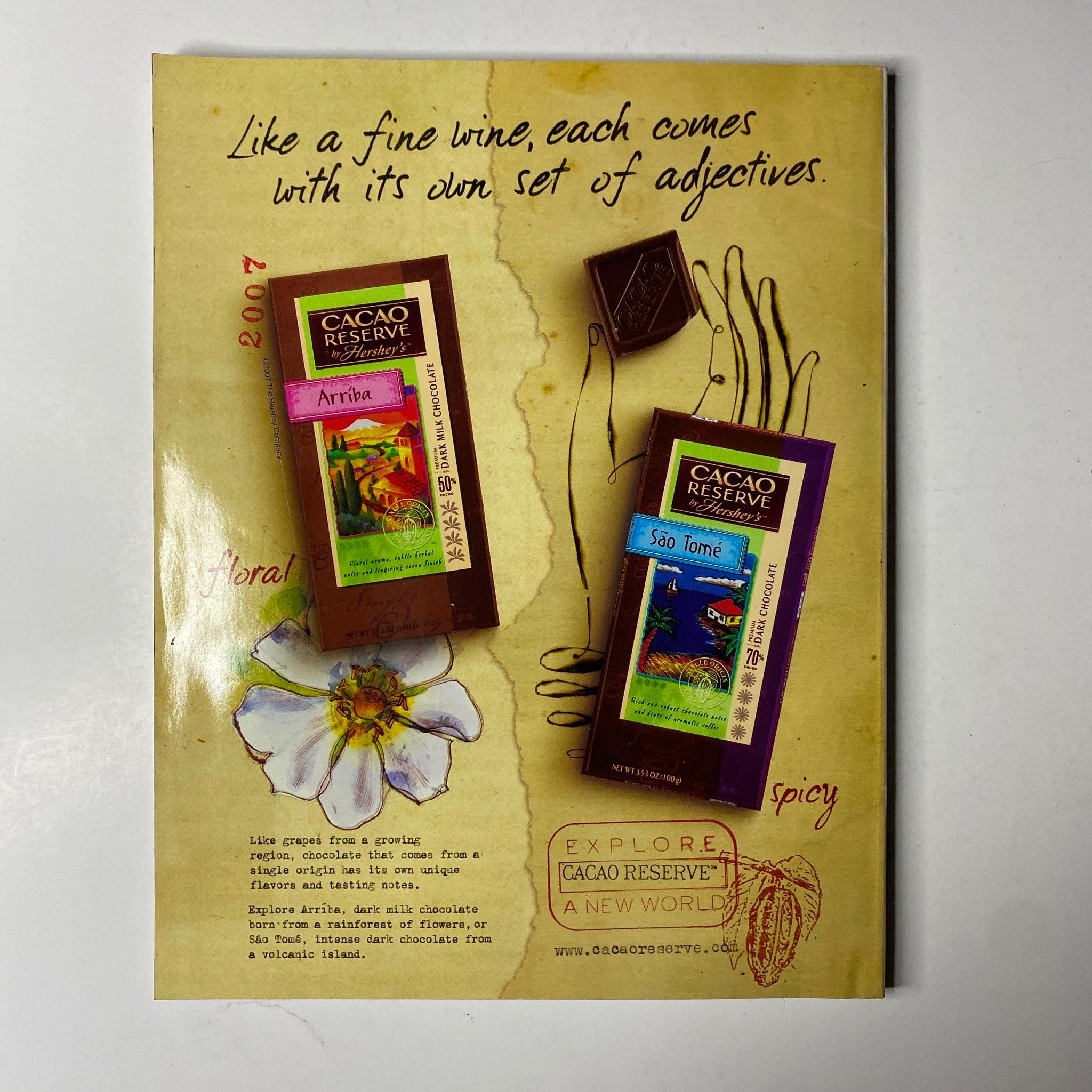 Advertisement for Cacao Reserve chocolates in Ebony Magazine May 2007 Vol. LXII, No. 7, emphasizing unique flavor profiles and refined taste.