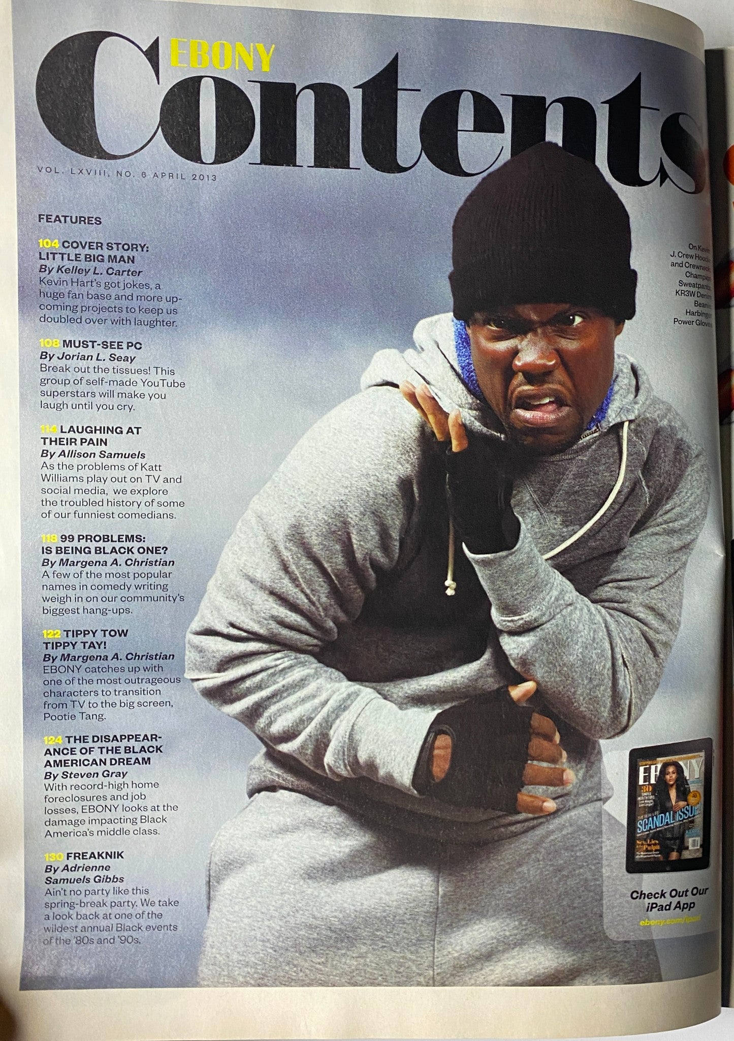 Contents page of Ebony Magazine April 2013 Vol. LXVIII, No. 6, highlighting Kevin Hart in a grey hoodie, listing features and articles celebrating Black culture and comedy.
