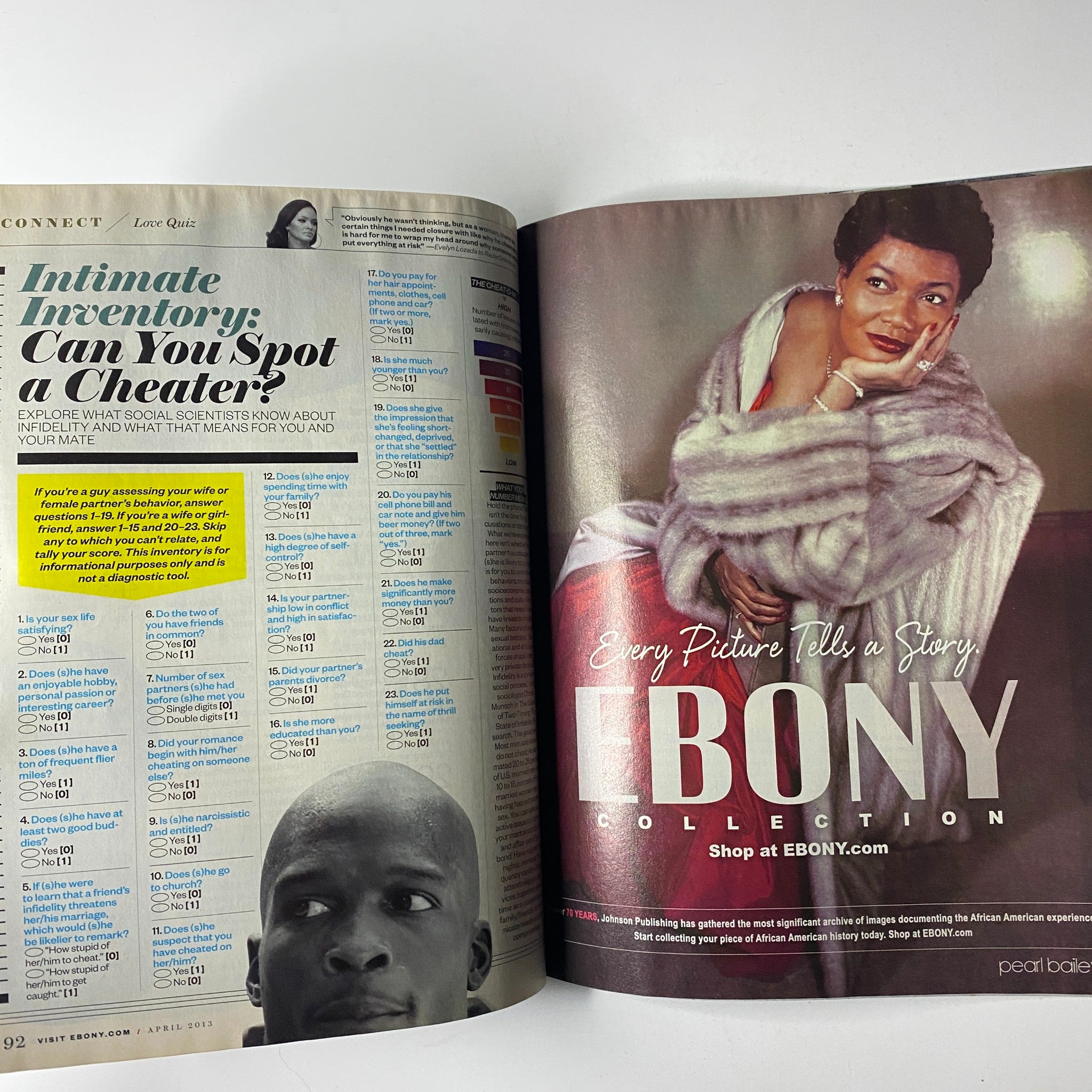 Interior page of Ebony Magazine April 2013 Vol. LXVIII, No. 6, showing an article titled 'Intimate Inventory' with a colorful layout and emphasis on personal insights, featuring a model.