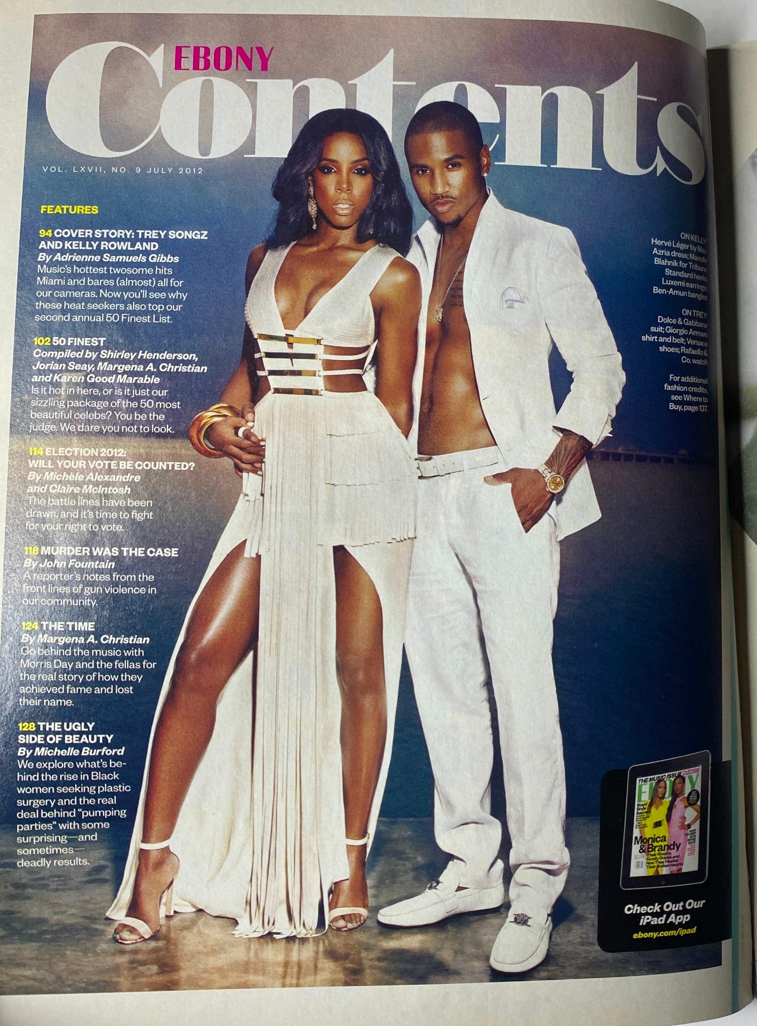 Contents page of Ebony Magazine July 2012 featuring Kelly Rowland and Trey Songz on the cover, highlighting articles on fashion, beauty, and celebrity culture.