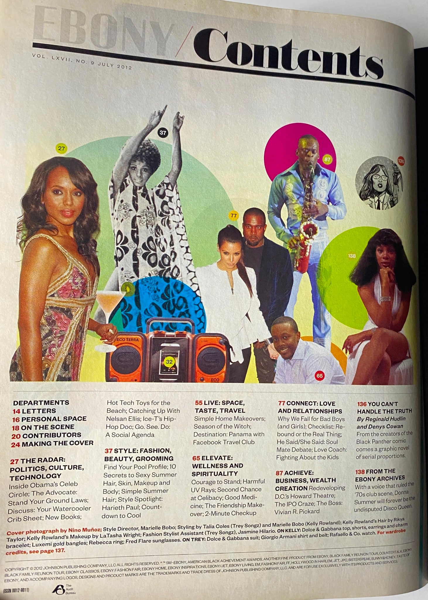 Second contents page of Ebony Magazine July 2012, showing features on style, politics, and technology, alongside images of cultural icons.