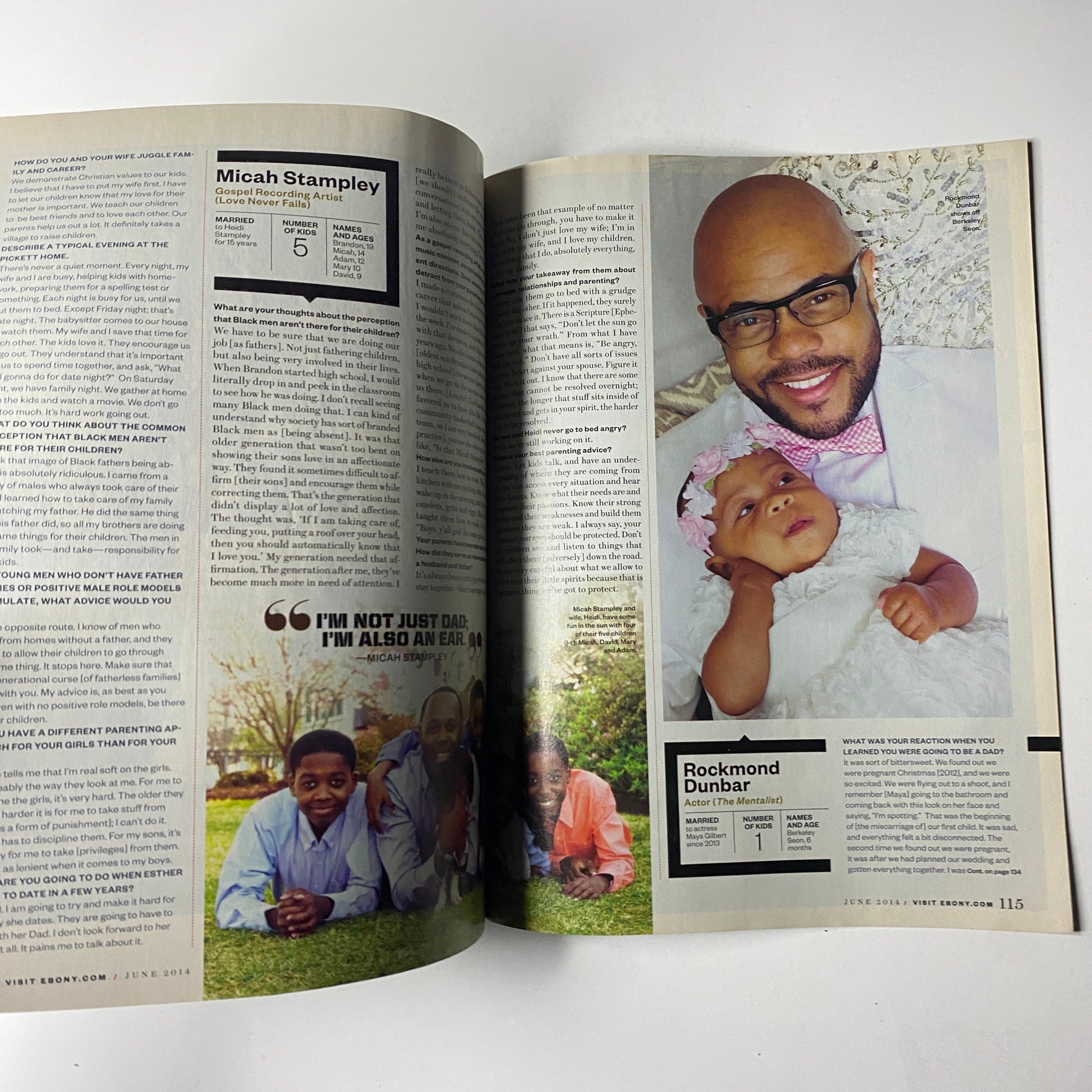 Ebony Magazine June 2014 Vol. LXIX, No. 8 showcasing an interior page with an article by Micah Stampley on fatherhood and Black male parenting, along with an image of actor Rockmond Dunbar with a young child.