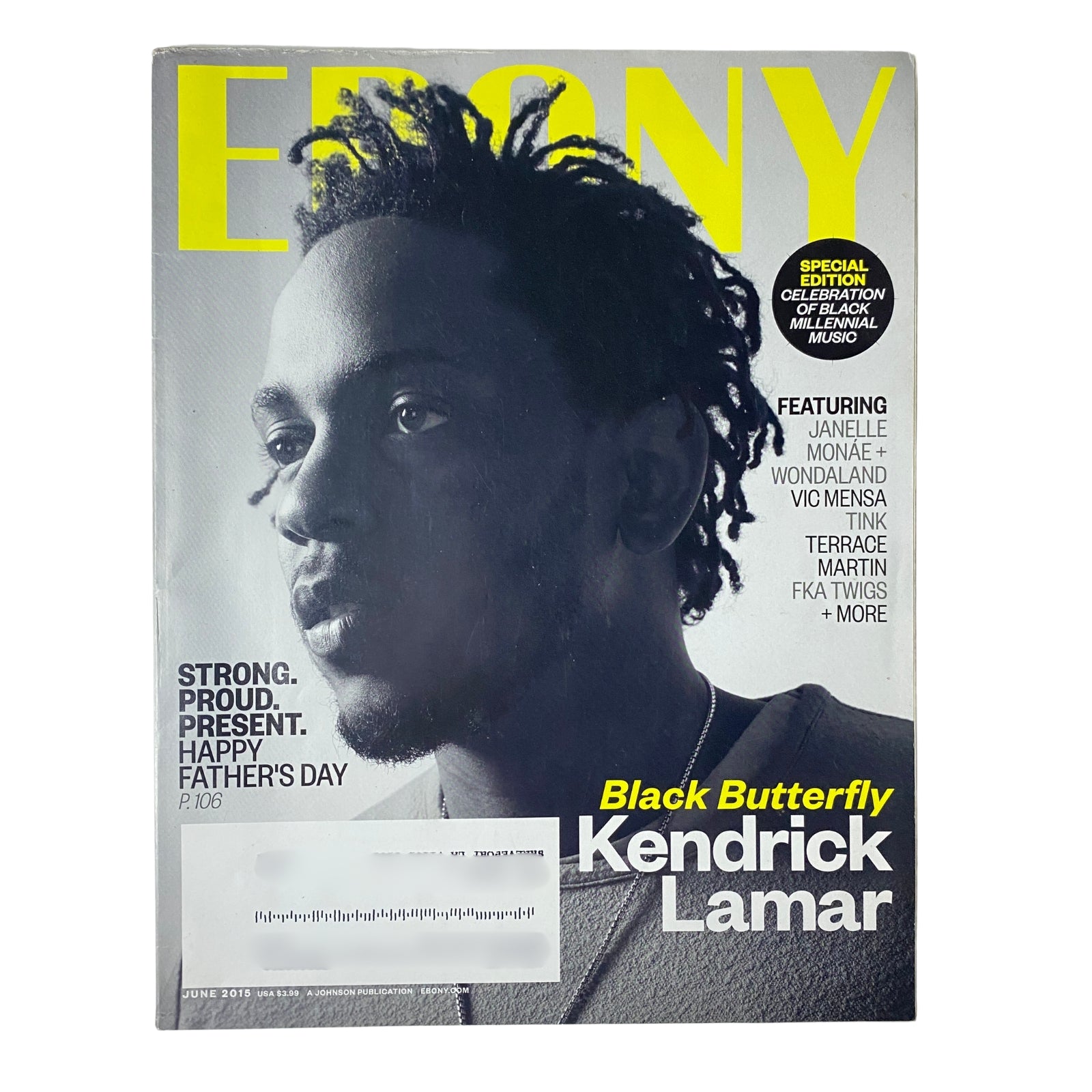 Ebony Magazine June 2015 Vol. LXX, No. 8 Kendrick Lamar Cover featuring a profile image of Kendrick Lamar with the tagline 'Black Butterfly,' highlighting themes of race, culture, and activism.