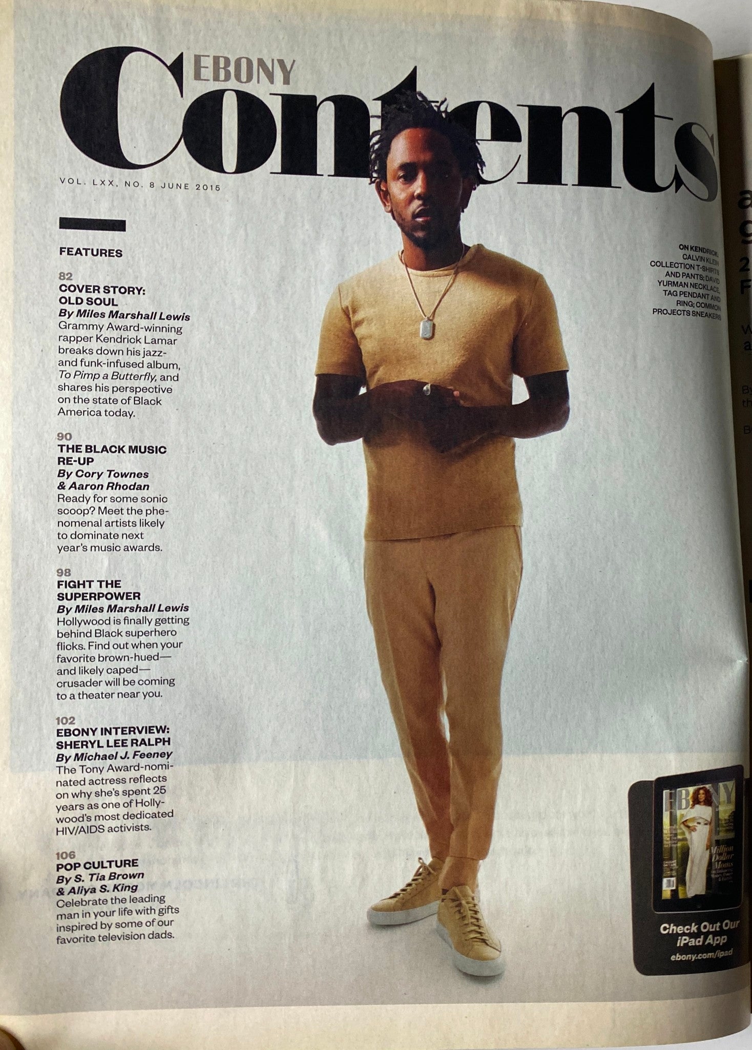 Contents page of Ebony Magazine June 2015 Vol. LXX, No. 8 featuring Kendrick Lamar, outlining featured articles including the cover story and interviews, focused on Black music and representation.