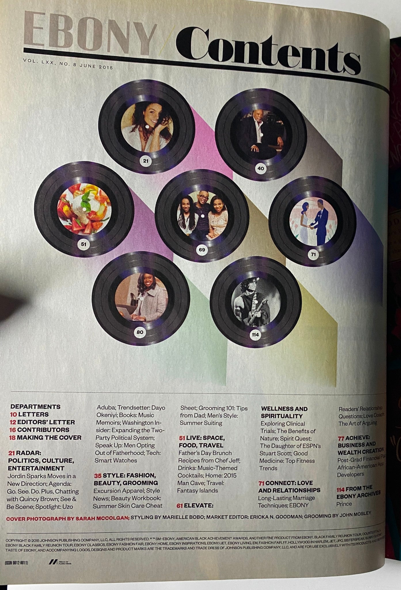 Contents page of Ebony Magazine June 2015 Vol. LXX, No. 8 featuring various artists and topics related to music and culture.