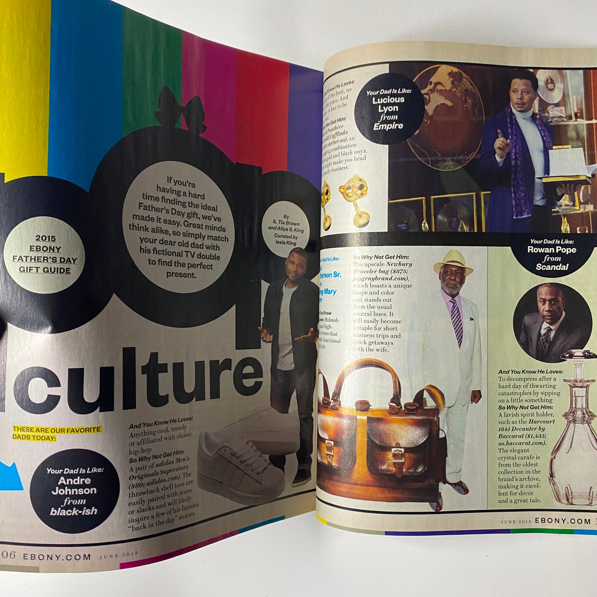 Pop Culture feature in Ebony Magazine June 2015 Vol. LXX, No. 8 showcasing Father's Day gift ideas and celebrating iconic Black dads.