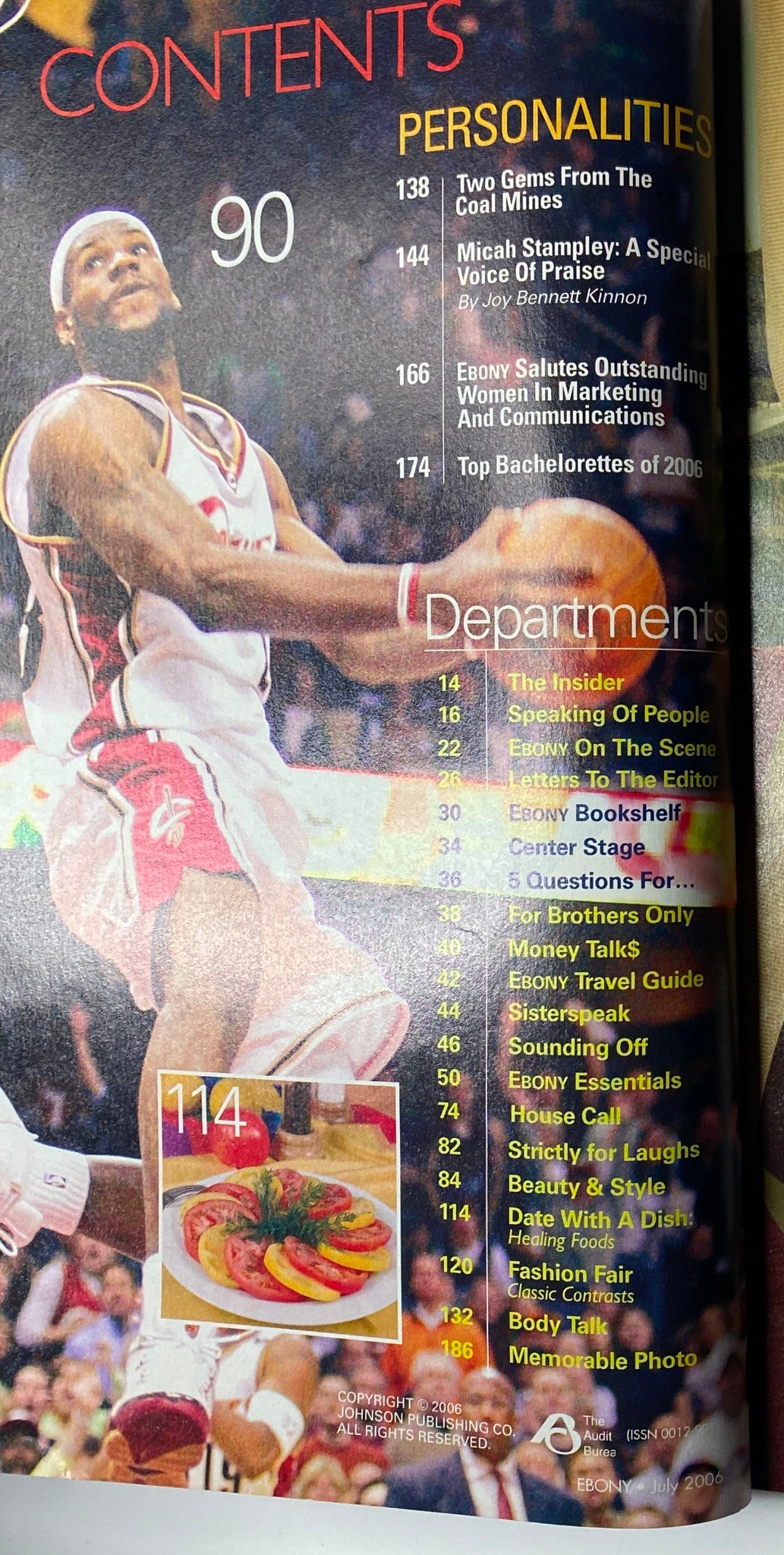 Contents page from Ebony Magazine July 2006 featuring an article on LeBron James, showcasing sports personalities and highlights from the issue, with the title 'Ebony Magazine July 2006 Vol. LXI, No. 9 LL Cool J Cover VG'.