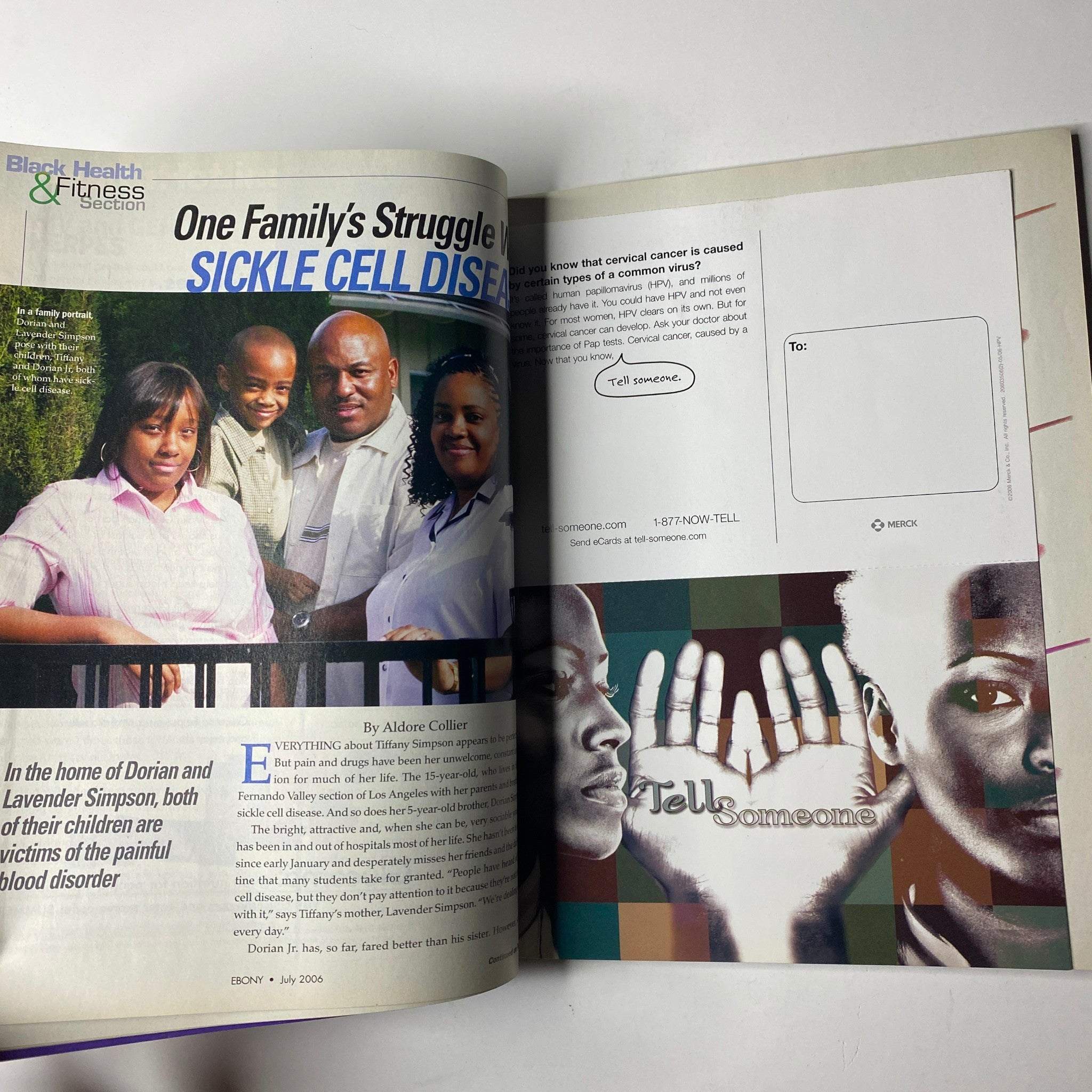 Article spread from Ebony Magazine July 2006 titled 'One Family's Struggle With Sickle Cell Disease', featuring a family and discussing health issues in the Black community, from the issue with LL Cool J on the cover.