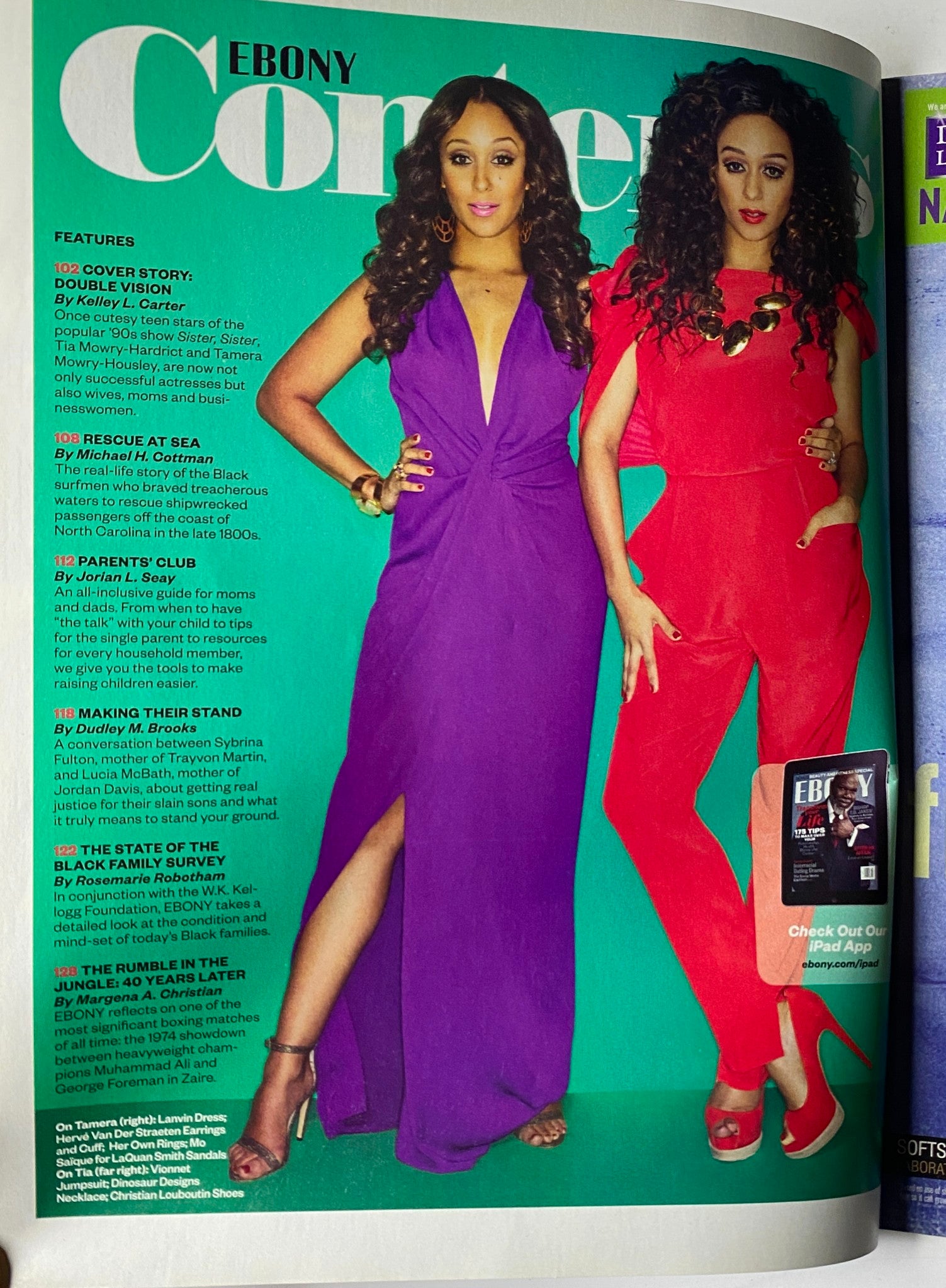 Ebony Magazine May 2014 Vol LXIX, No. 7 cover featuring Tia and Tamera Mowry, showcasing their vibrant sisterhood and modern womanhood.