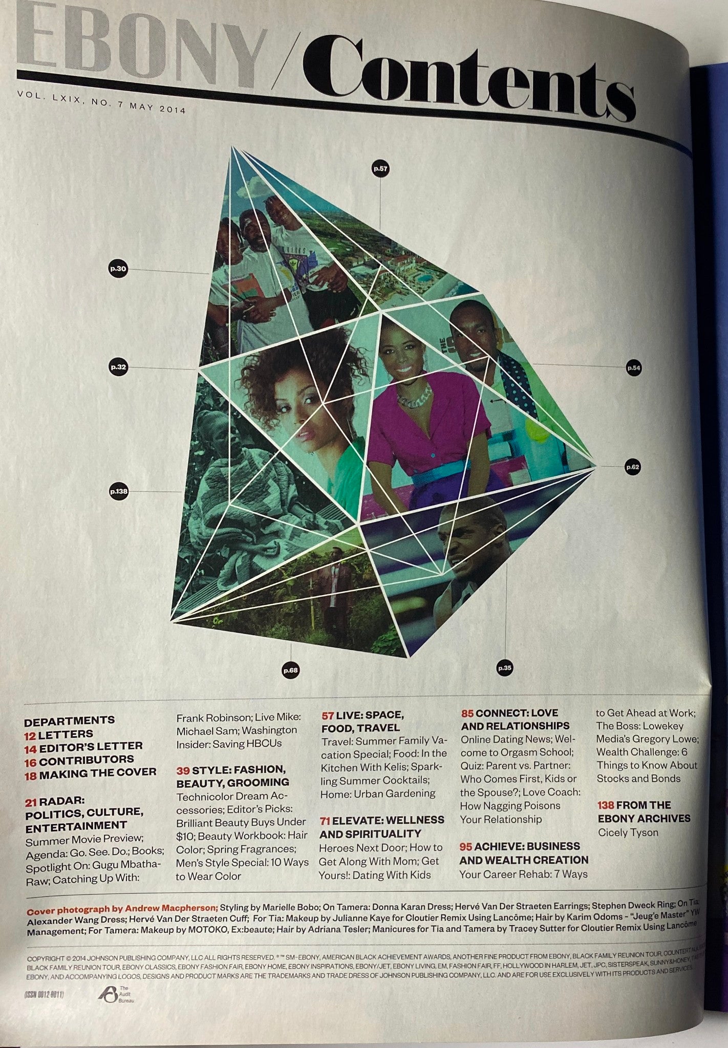 Contents page of Ebony Magazine May 2014 Vol LXIX, No. 7, highlighting features such as the cover story 'Double Vision' with Tia and Tamera Mowry.