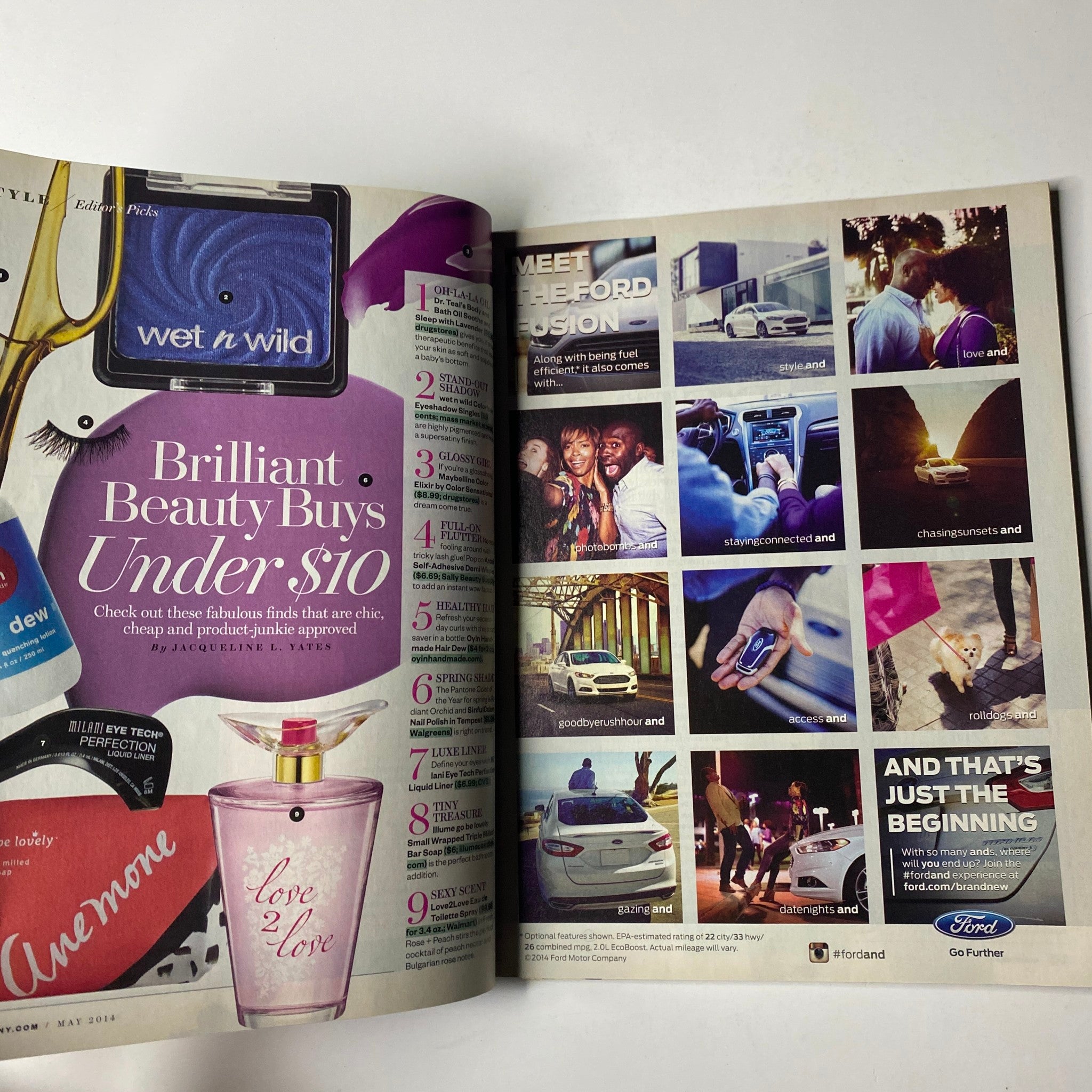 Advertisement from Ebony Magazine May 2014 Vol LXIX, No. 7, presenting a vibrant beauty products feature with affordable buys under $10.
