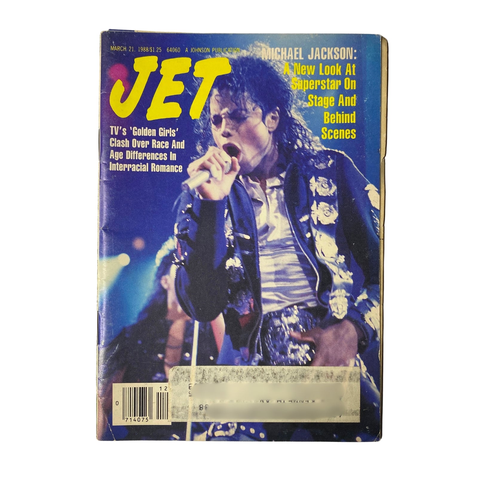Jet Magazine March 21, 1988 Vol. 73, No. 25 featuring Michael Jackson on the cover, showcasing him performing on stage during the iconic Bad era, illustrating his charisma and style.