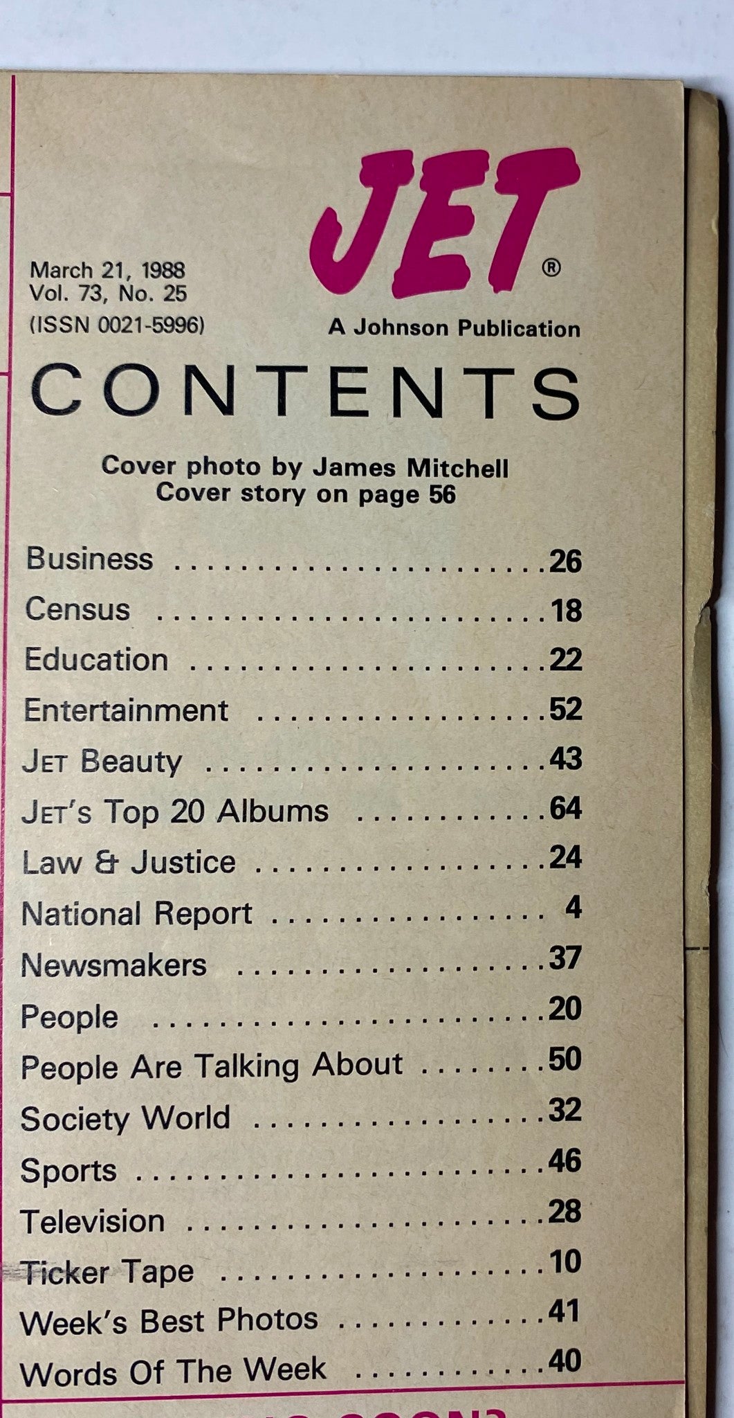 Contents page of Jet Magazine March 21, 1988 Vol. 73, No. 25 featuring various sections including Business, Census, Education, and Entertainment. Cover photo by James Mitchell.