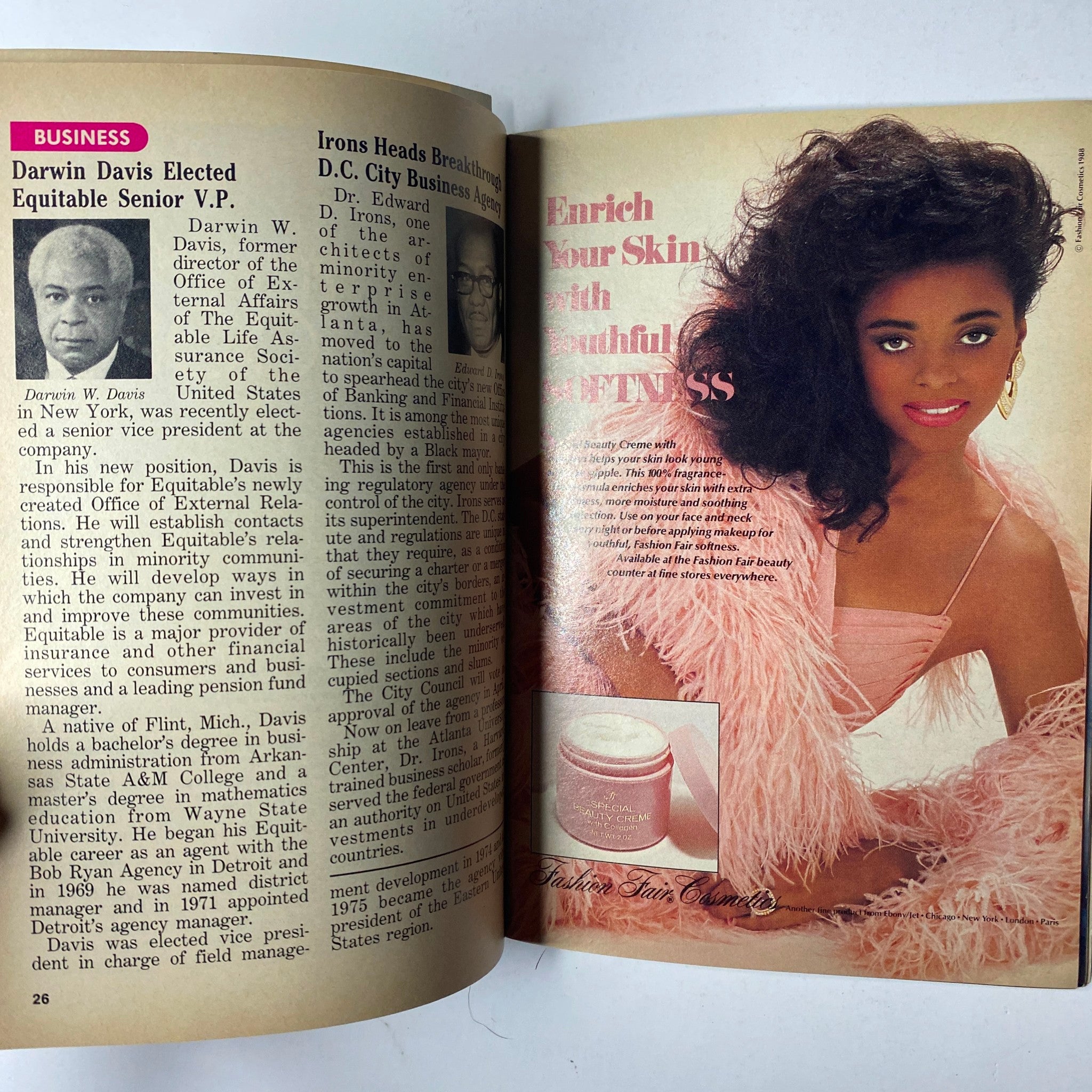 Inside page of Jet Magazine March 21, 1988 Vol. 73, No. 25 showcasing an article about Darwin W. Davis being elected Equitable Senior V.P., featuring a photo of a model promoting skincare.