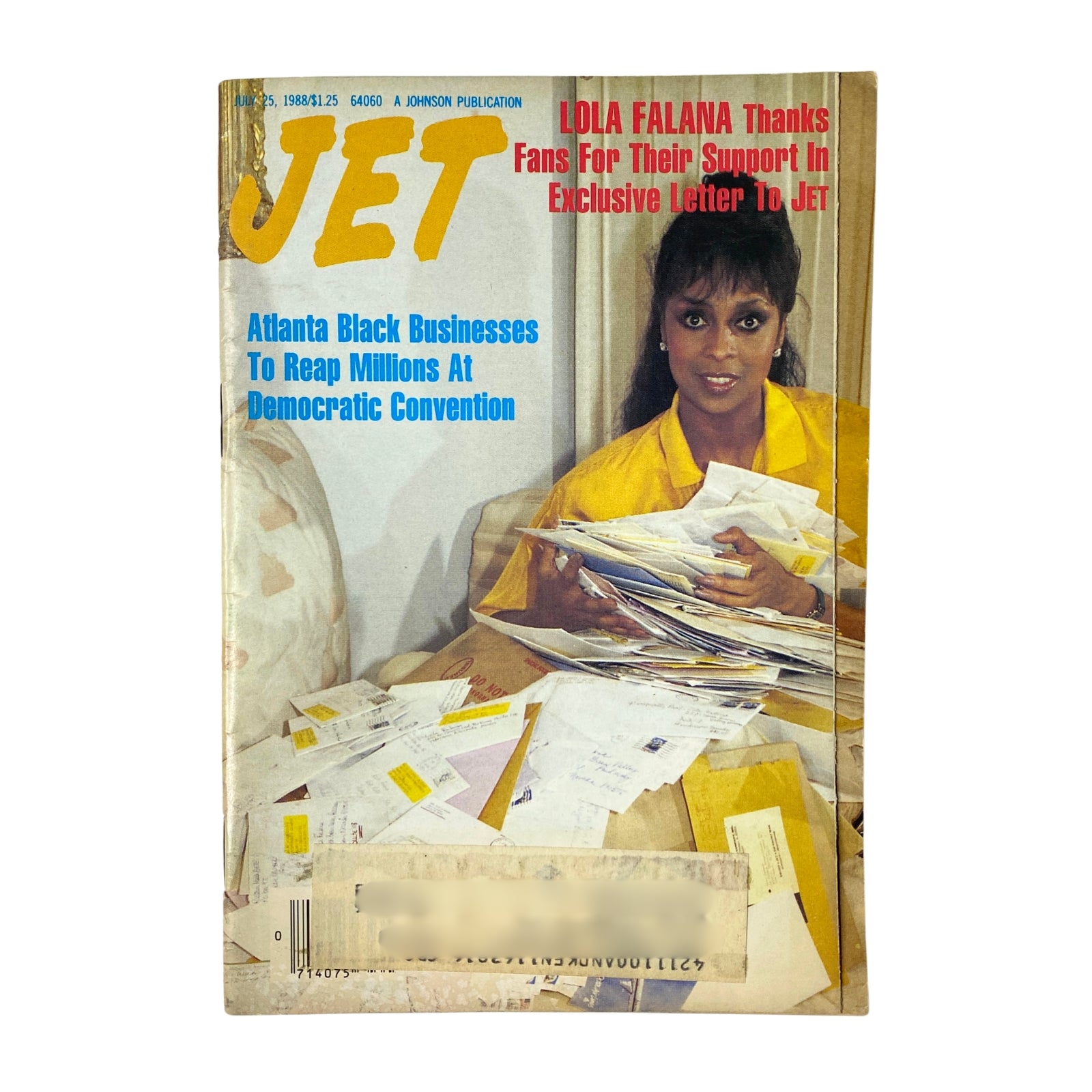 Cover of Jet Magazine, July 25, 1988, featuring Lola Falana with a collection of letters, emphasizing her gratitude towards fans. This vintage magazine issue is part of Volume 74, No. 17 and showcases themes of Black culture and entertainment.