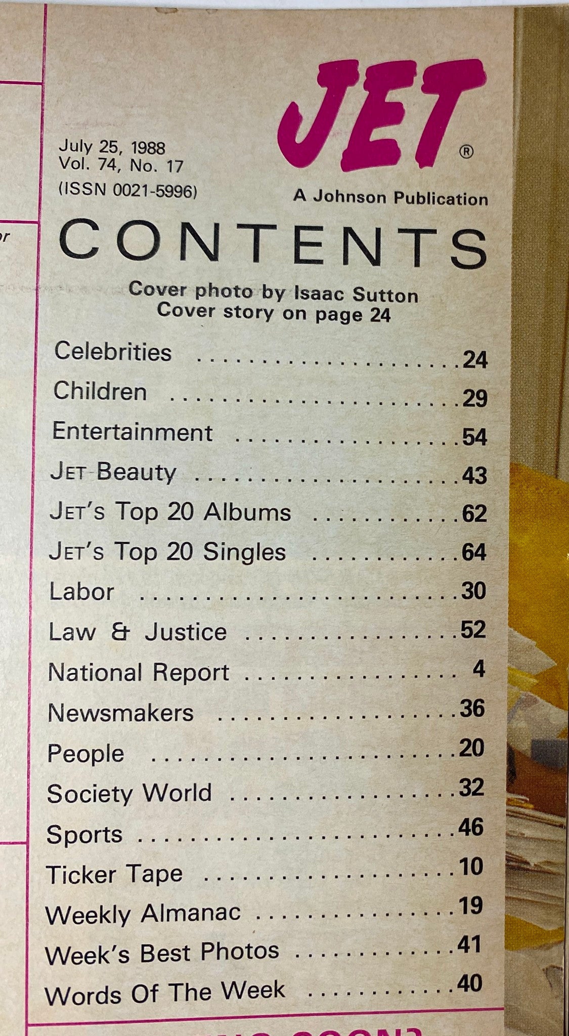 Contents page of Jet Magazine, July 25, 1988, Volume 74, No. 17. Highlights include articles on celebrities, children, entertainment, and notable topics relevant to the African American community.