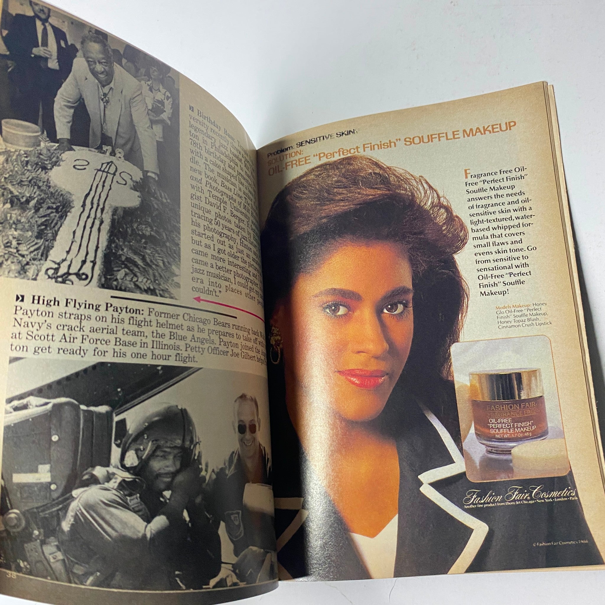 Jet Magazine July 25, 1988 features a vintage article with an image of a model showcasing oil-free 'Perfect Finish' souffle makeup and former Chicago Bears player Payton in Navy's aircraft. Vol. 74, No. 17.