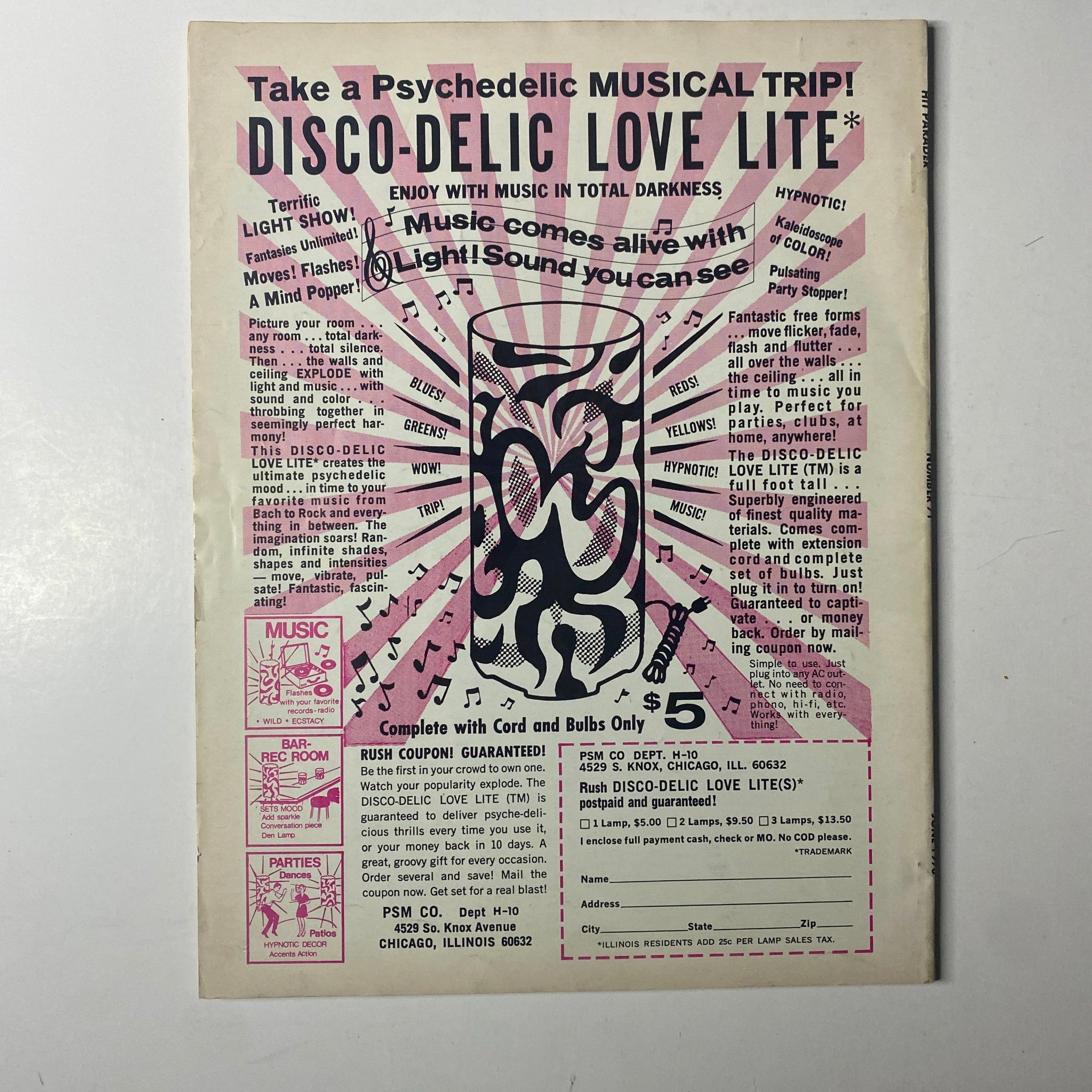 Vintage advertisement for 'Disco-Delic Love Lite' from Hit Parader Magazine June 1970 featuring psychedelic design and promotional details.