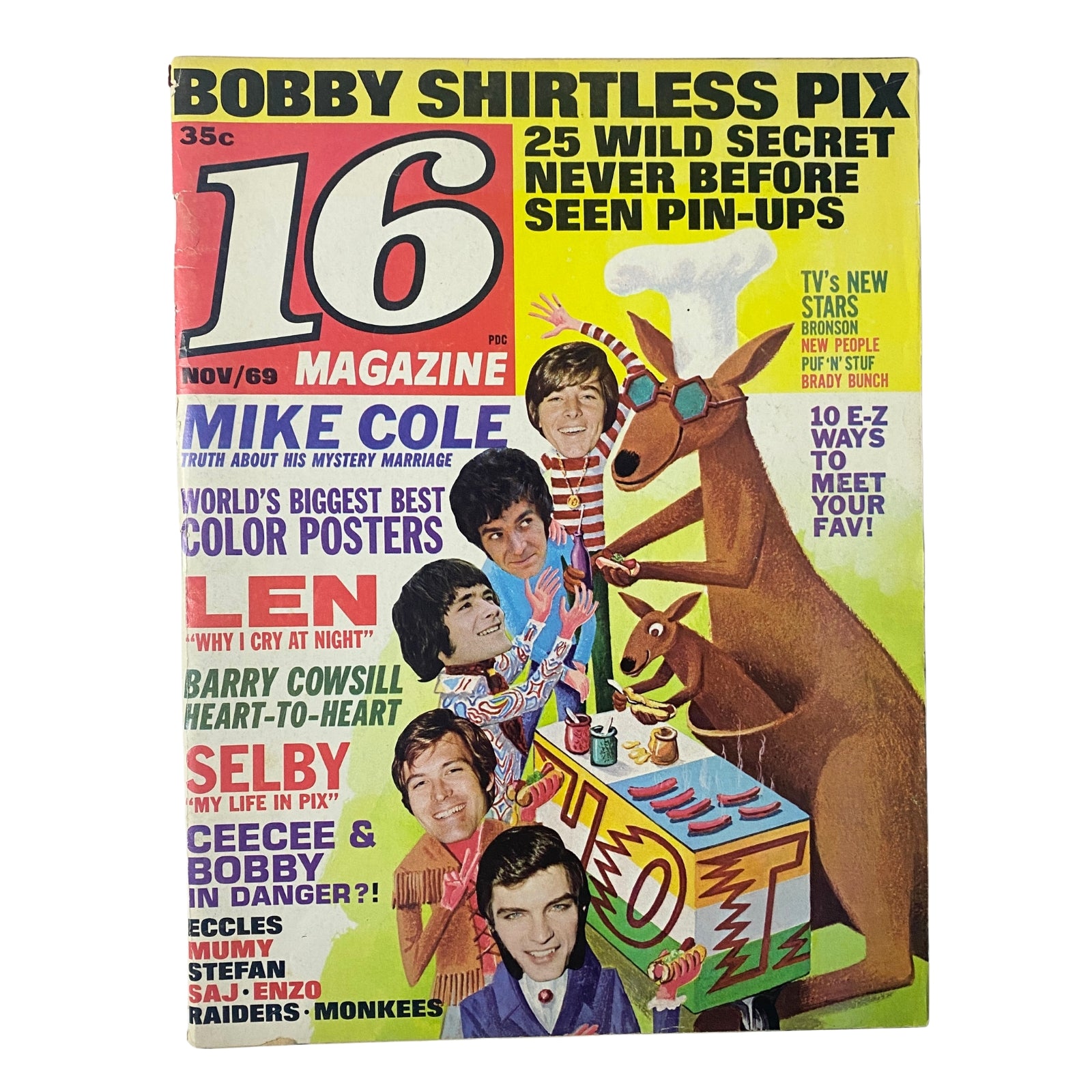 Cover of the 16 Magazine November 1969 featuring Mike Cole and Barry Cowsill, showcasing colorful pin-ups and nostalgic pop culture highlights.