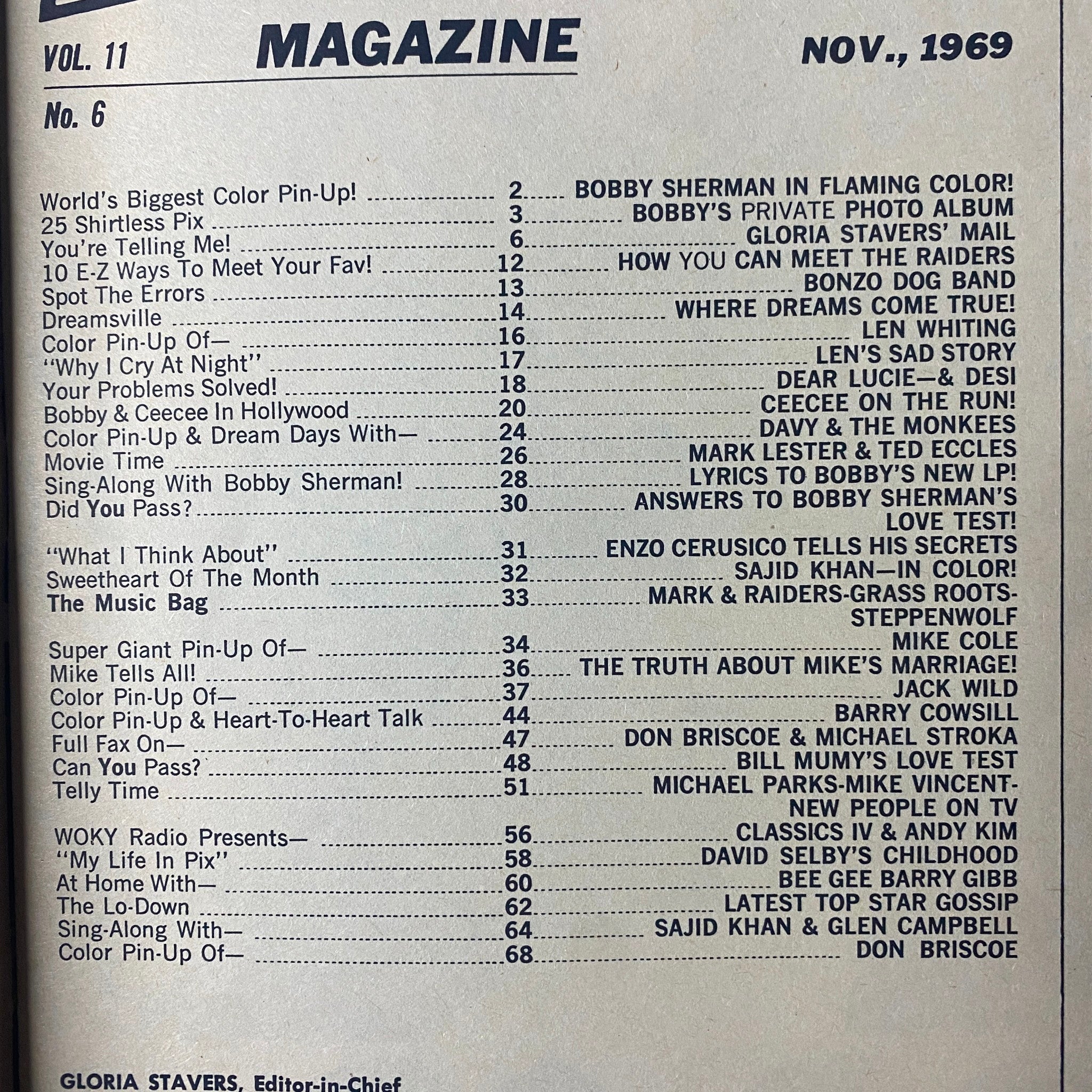 Table of contents for the 16 Magazine November 1969 issue, including features on Bobby Sherman, Mike Cole, and teen idol stories.
