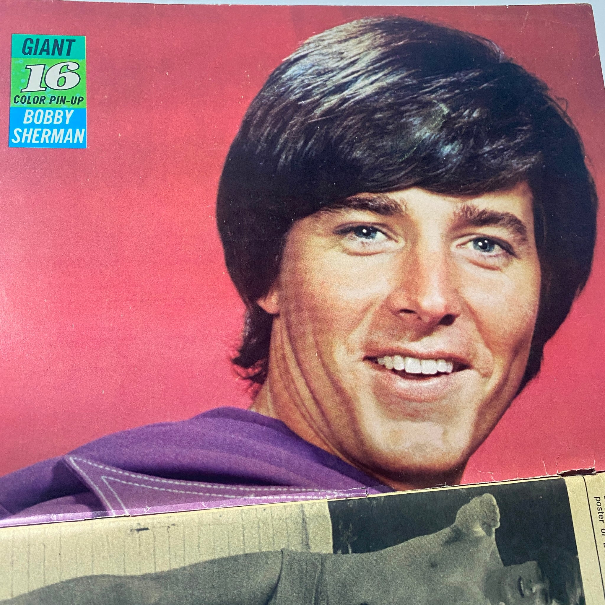 Close-up of Bobby Sherman from the 16 Magazine November 1969, displaying a giant color pin-up of the teen idol.