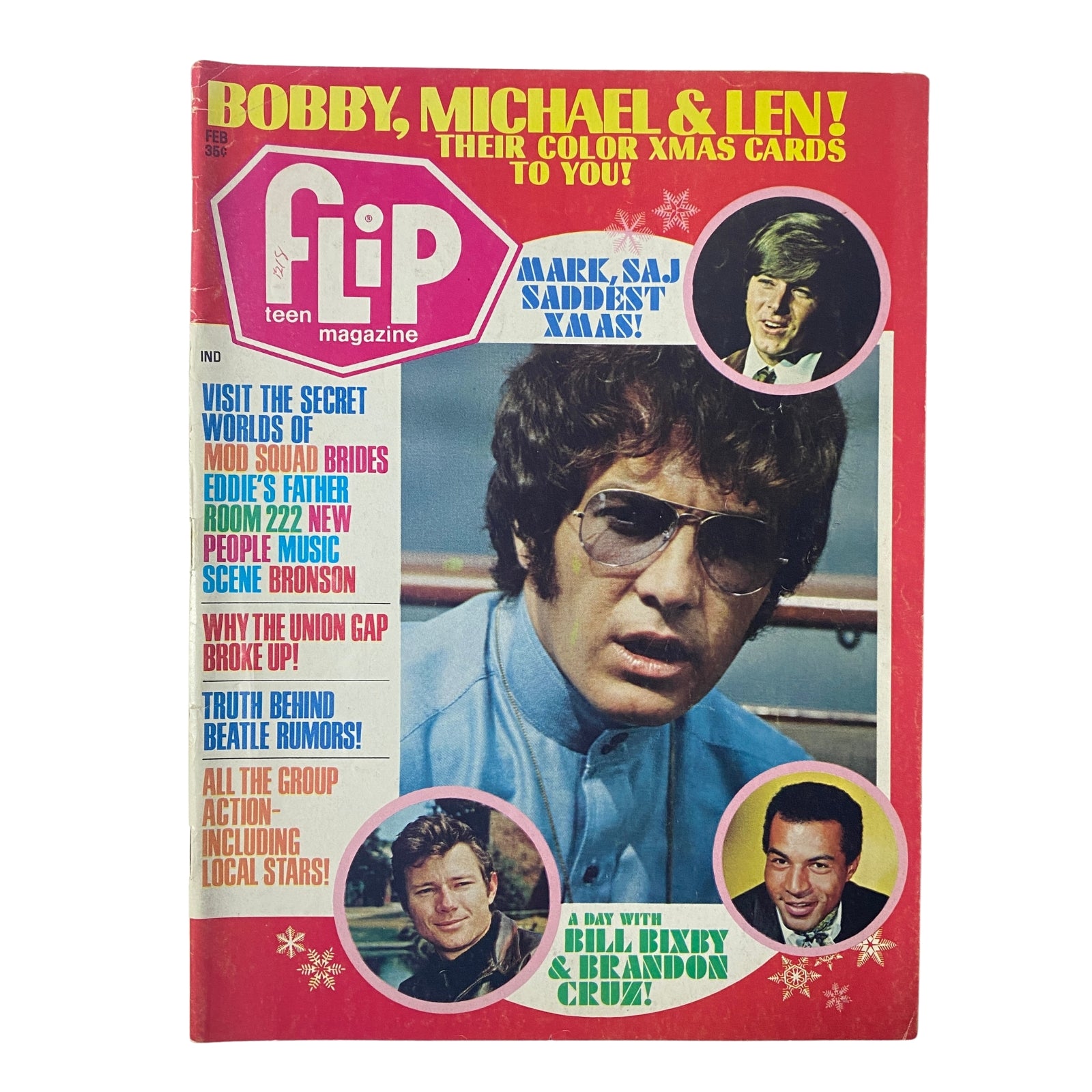 Cover of Flip Magazine February 1970 featuring Bobby Cowsill, Bill Bixby, and Brandon Cruz with a vibrant design highlighting their Christmas cards.