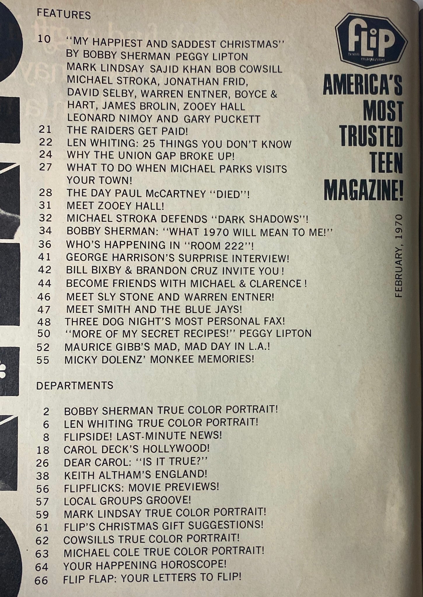 Interior page of Flip Magazine February 1970 showcasing features including 'My Happiest and Saddest Christmas' and other popular teen topics.