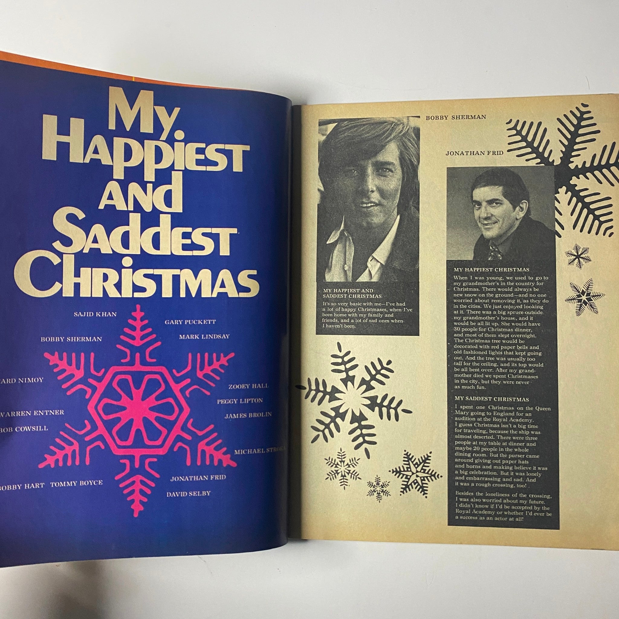 Feature spread from Flip Magazine February 1970 titled 'My Happiest and Saddest Christmas' with articles by Bobby Sherman and Jonathan Frid.