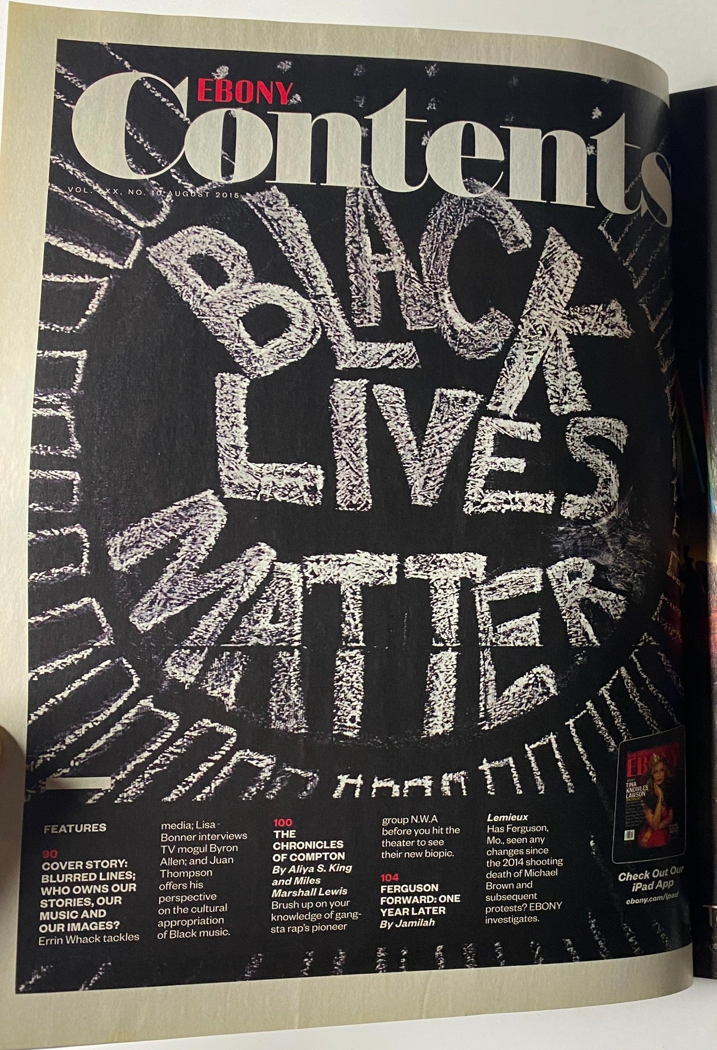 Inside cover of Ebony Magazine August 2015 showcasing the contents page with a bold statement 'Black Lives Matter' and featured articles related to the movement.