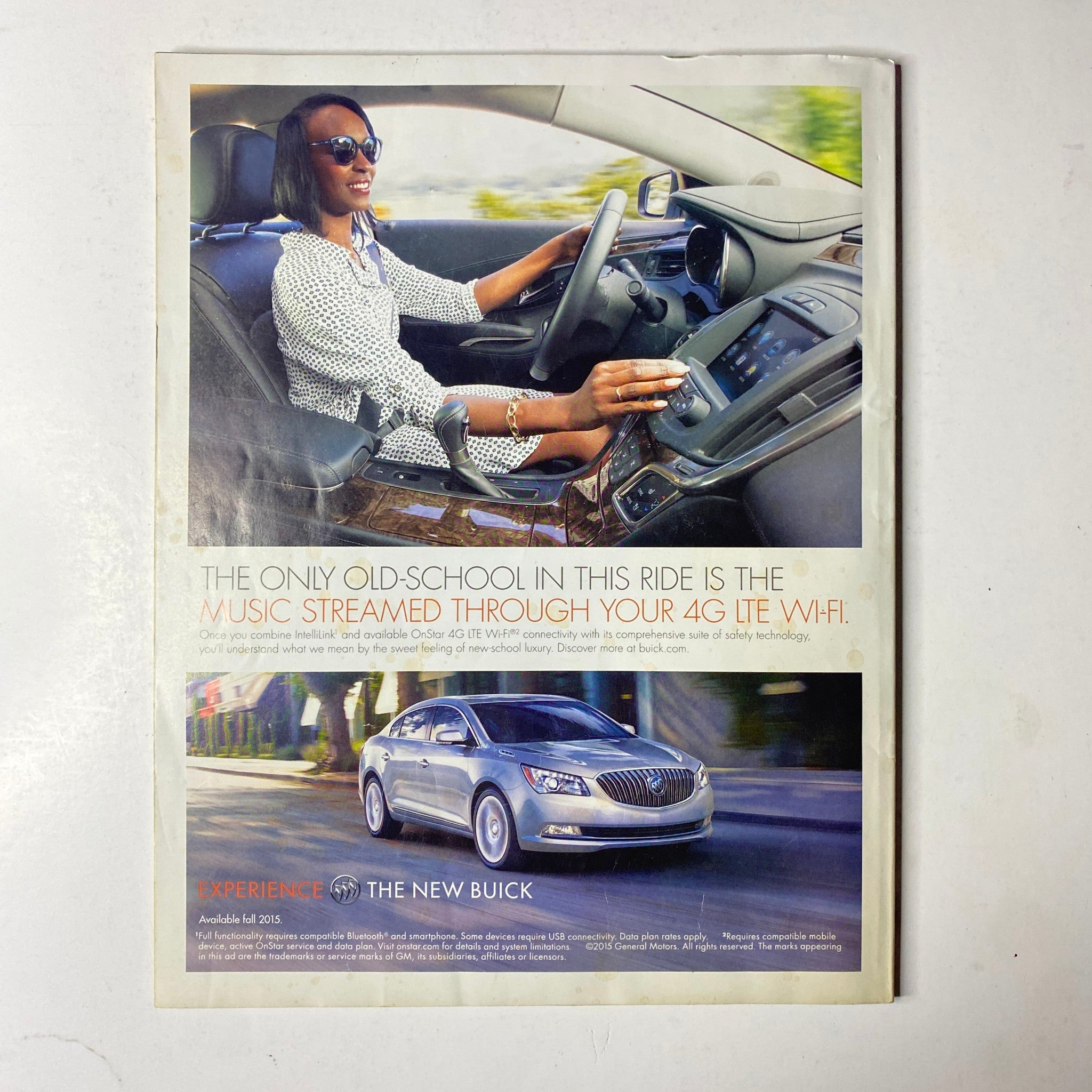 A Buick advertisement from the back of Ebony Magazine August 2015, promoting luxury features including Wi-Fi connectivity in the vehicle.