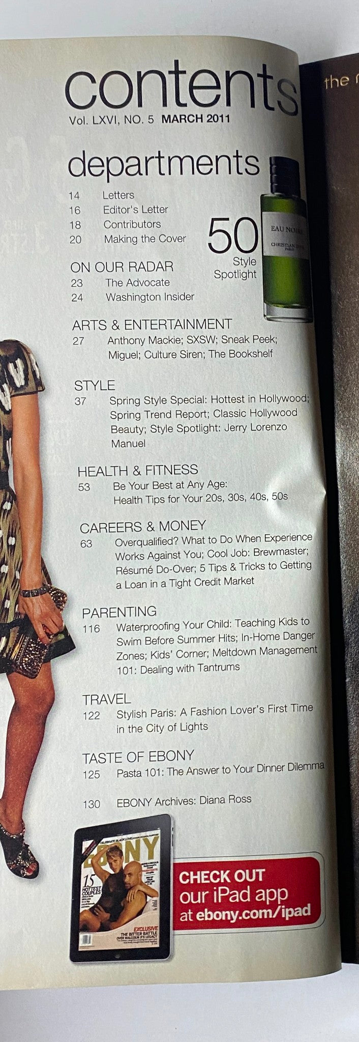 Contents page of Ebony Magazine March 2011, Vol. LXVI, No. 5 detailing departments including health, style, and parenting.