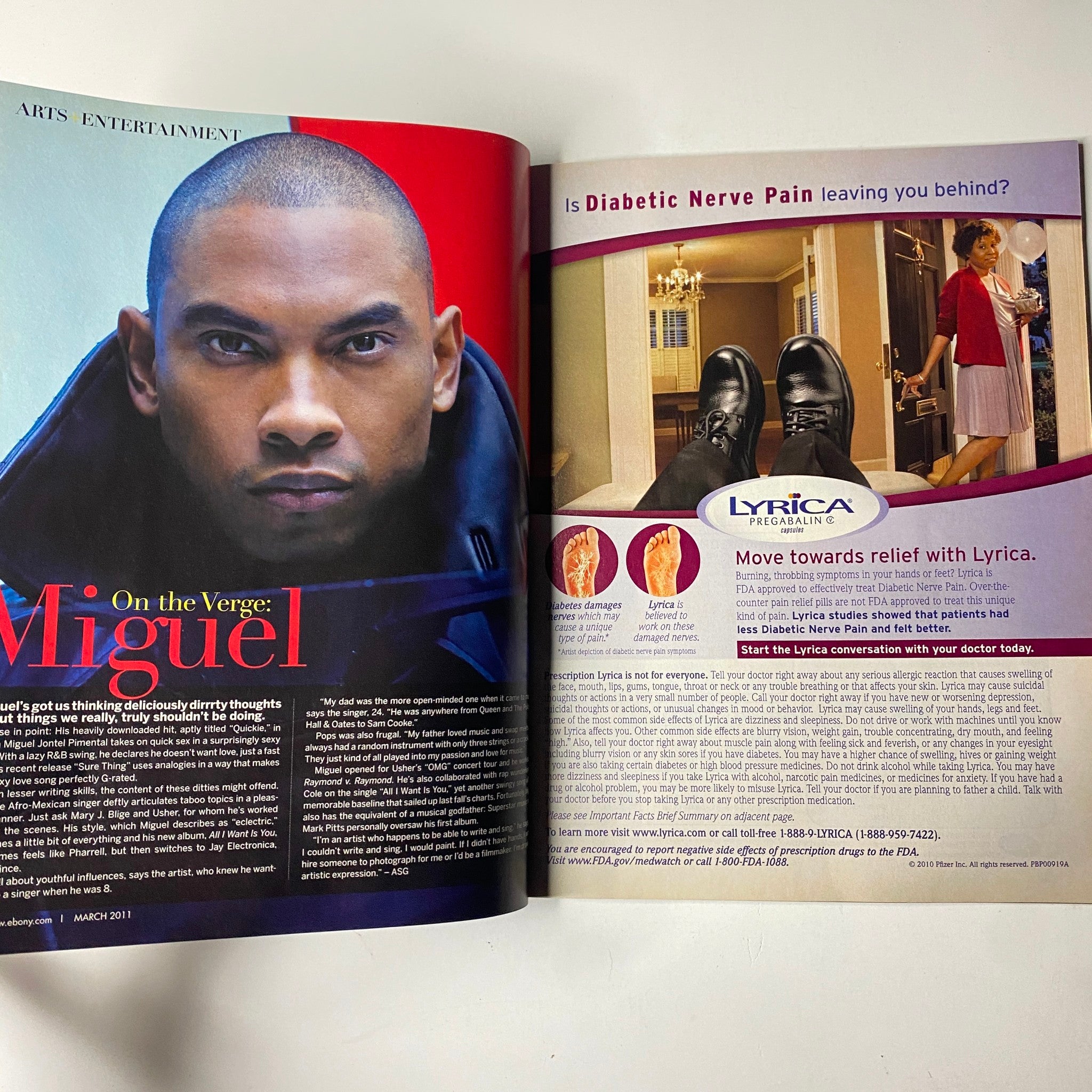 Page from Ebony Magazine March 2011, Vol. LXVI, No. 5 featuring an interview with Miguel, discussing his music and career.