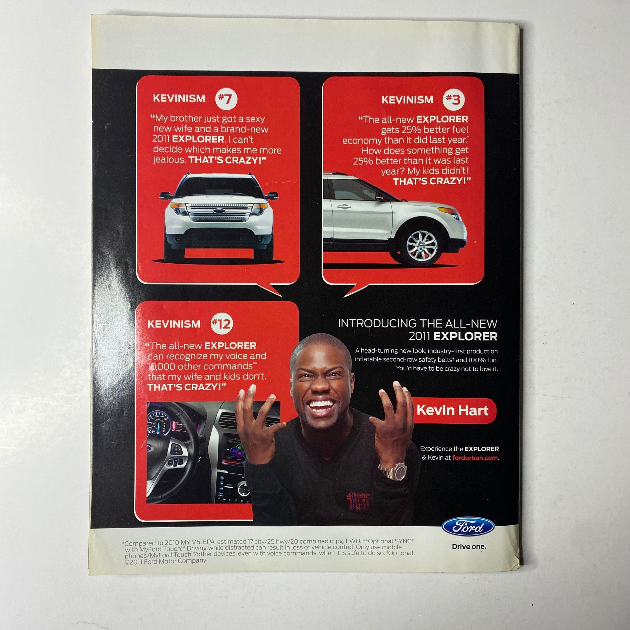 Back cover of Ebony Magazine March 2011, Vol. LXVI, No. 5 advertising the 2011 Ford Explorer featuring comedian Kevin Hart.