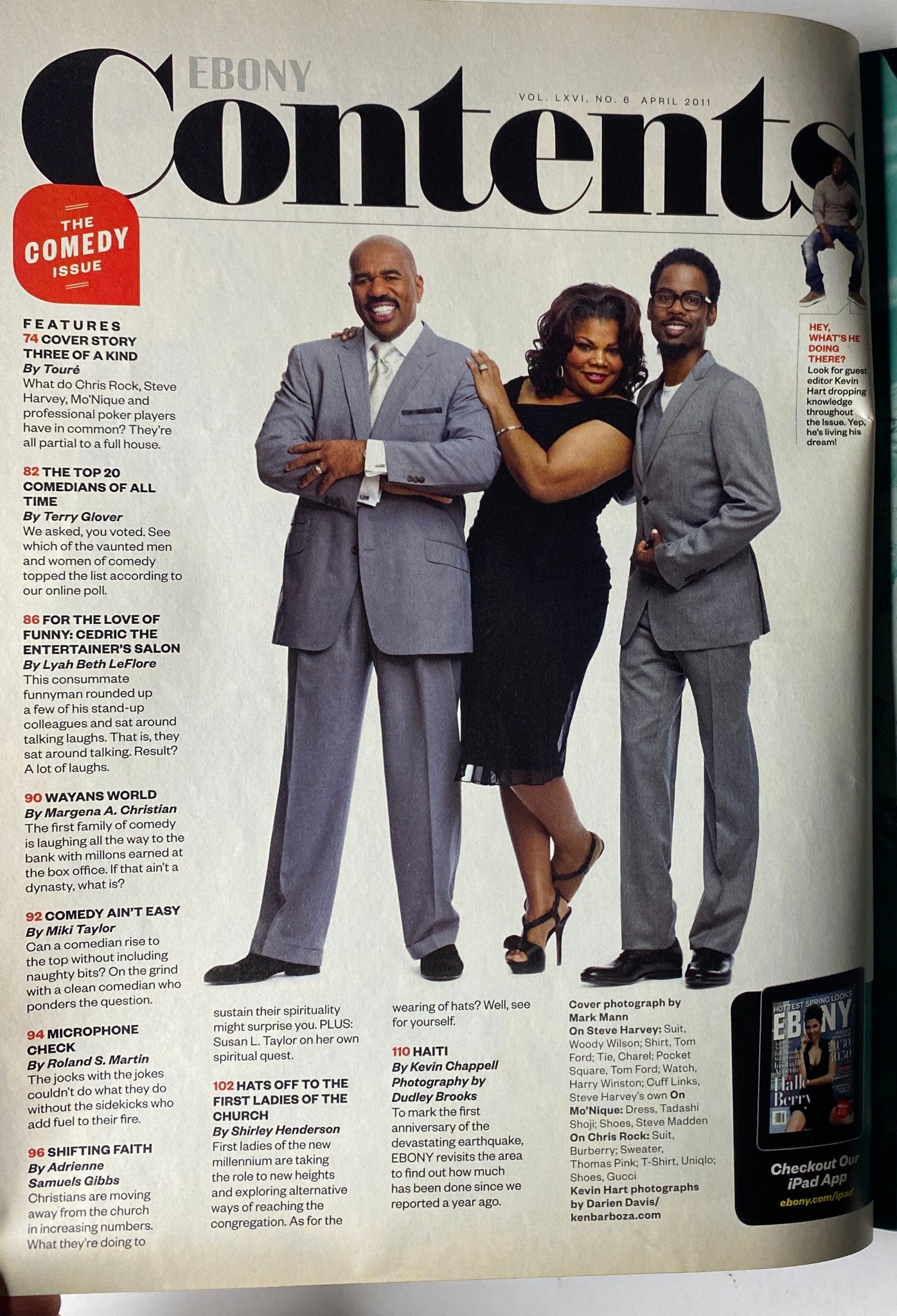 Contents page of Ebony Magazine April 2011, Vol. LXVI, No. 6, showcasing features with Chris Rock, Steve Harvey, and Mo'Nique.