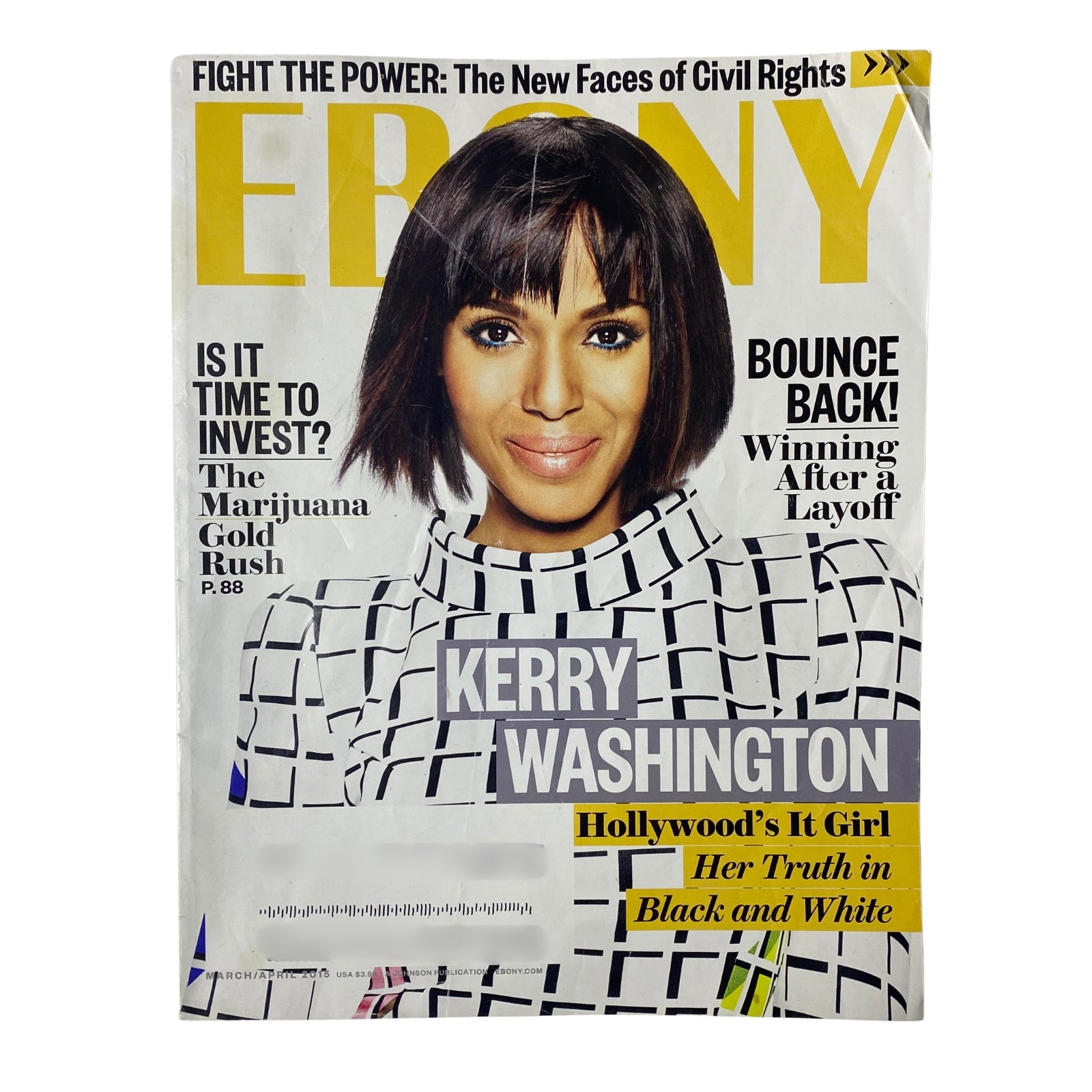 Ebony Magazine March/April 2015 issue featuring Kerry Washington on the cover, highlighting her as a leading figure in celebrity advocacy and elegance.