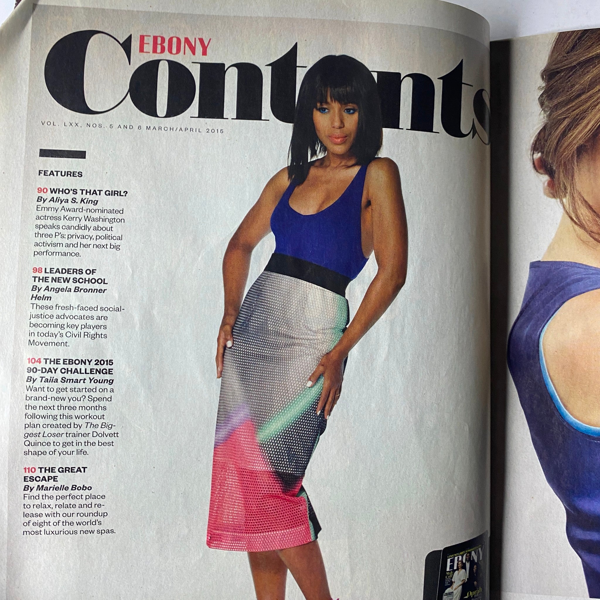 Table of contents from Ebony Magazine March/April 2015 showcasing featured articles including Kerry Washington's interview and civil rights activism.