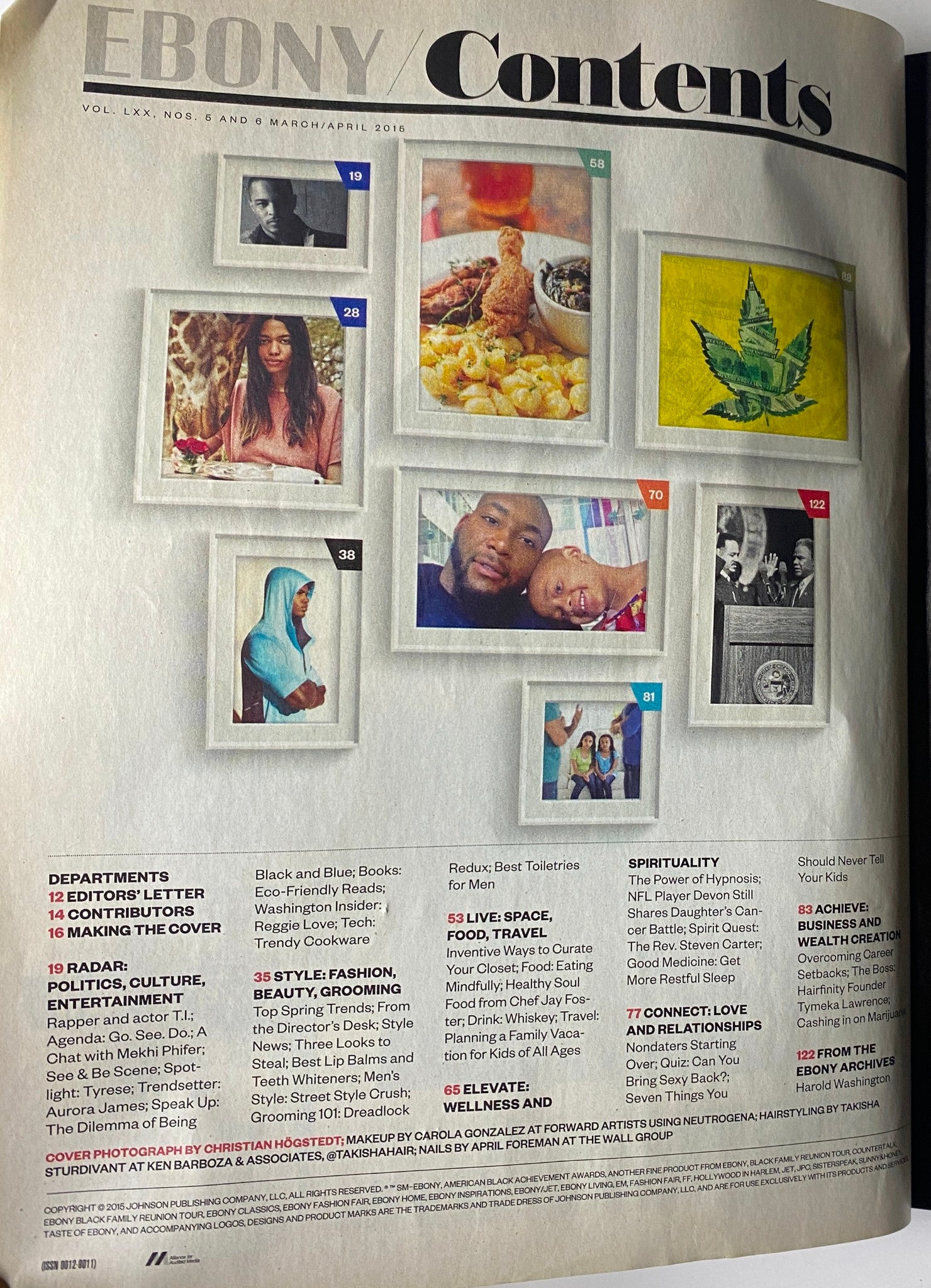 Table of contents from Ebony Magazine March/April 2015 displaying a collage of images representing various articles and themes.