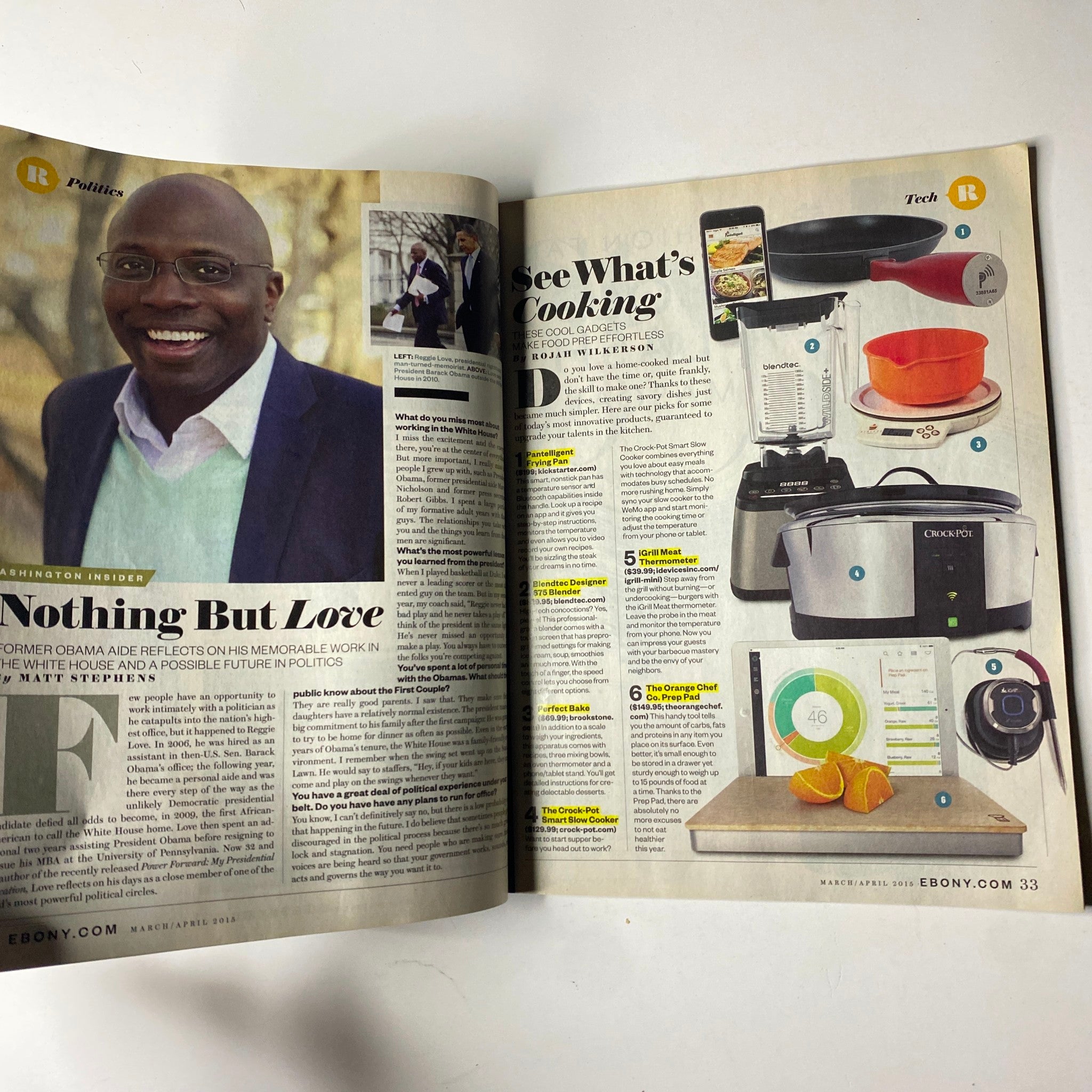 Inside page of Ebony Magazine March/April 2015 featuring an article about personal reflections and cooking tips, themed around wellness and lifestyle.