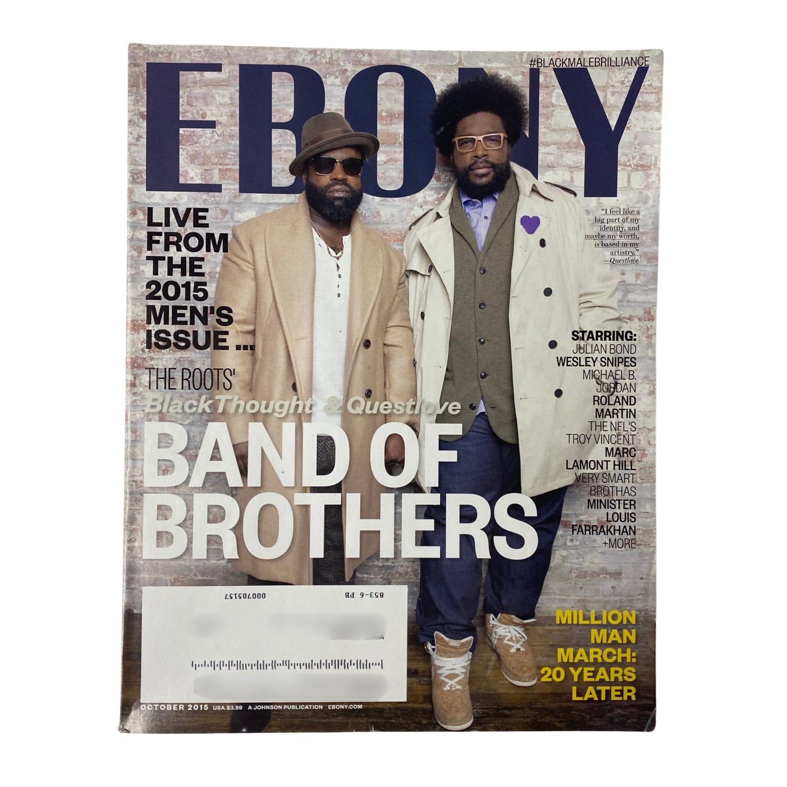 Ebony Magazine October 2015, Vol. LXX, No. 12 with the 'Band of Brothers' cover featuring The Roots members Questlove and Black Thought. This issue emphasizes Black masculinity and identity.