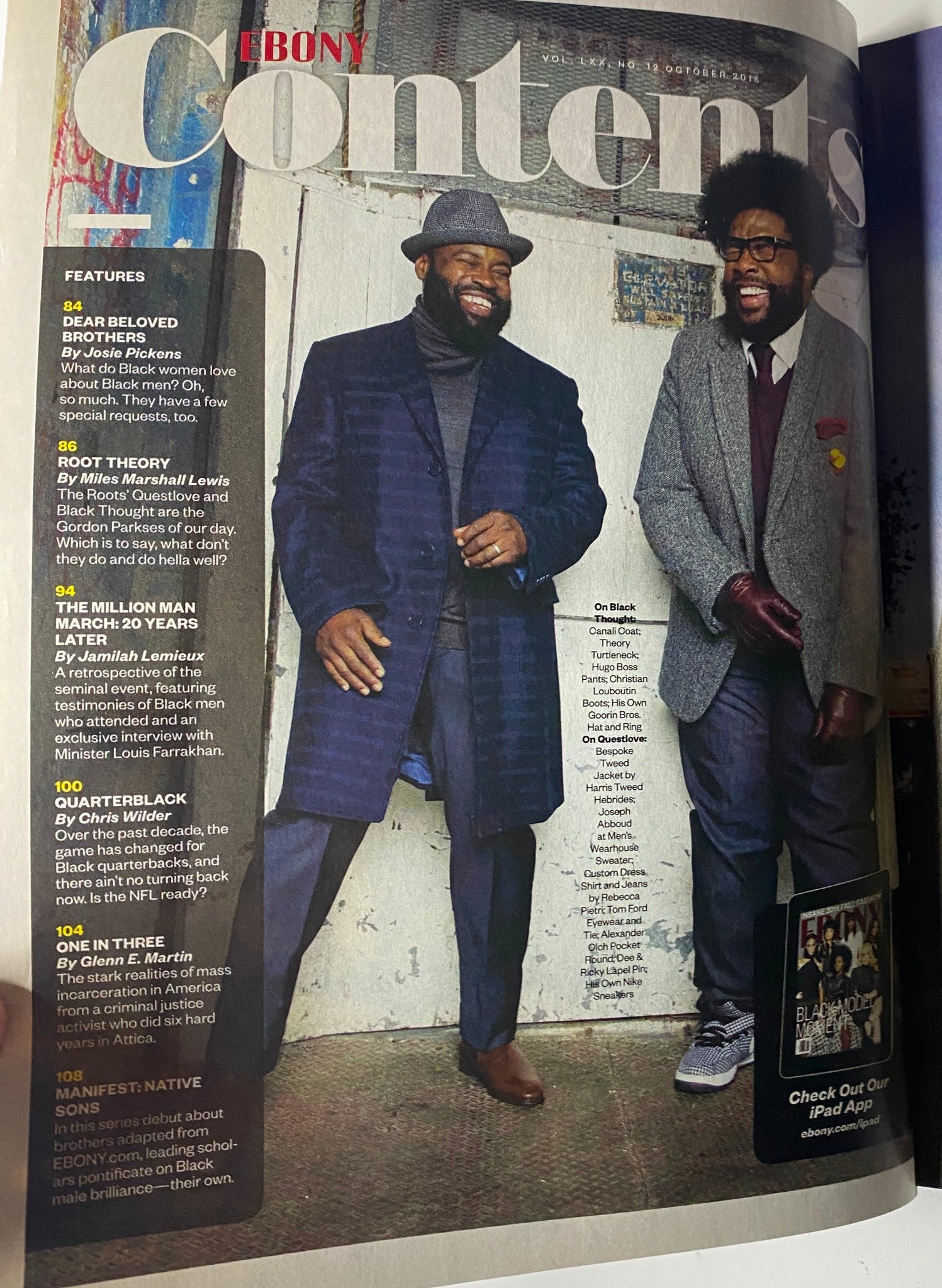 Contents page of Ebony Magazine October 2015, Vol. LXX, No. 12 showcasing features like 'Dear Beloved Brothers' and 'The Million Man March: 20 Years Later'.