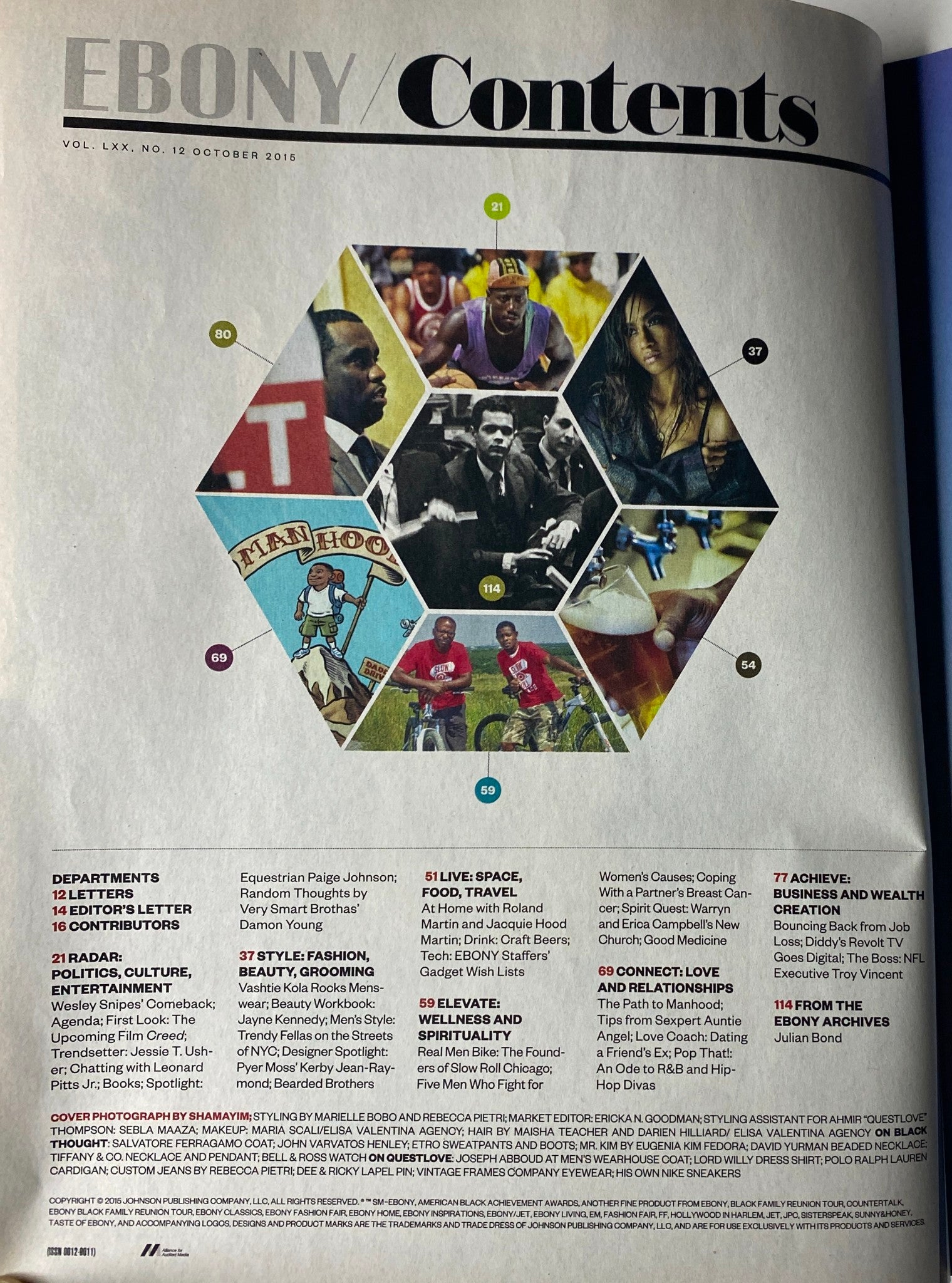 Contents overview from Ebony Magazine October 2015, Vol. LXX, No. 12 displaying the highlights and featured articles within the issue.