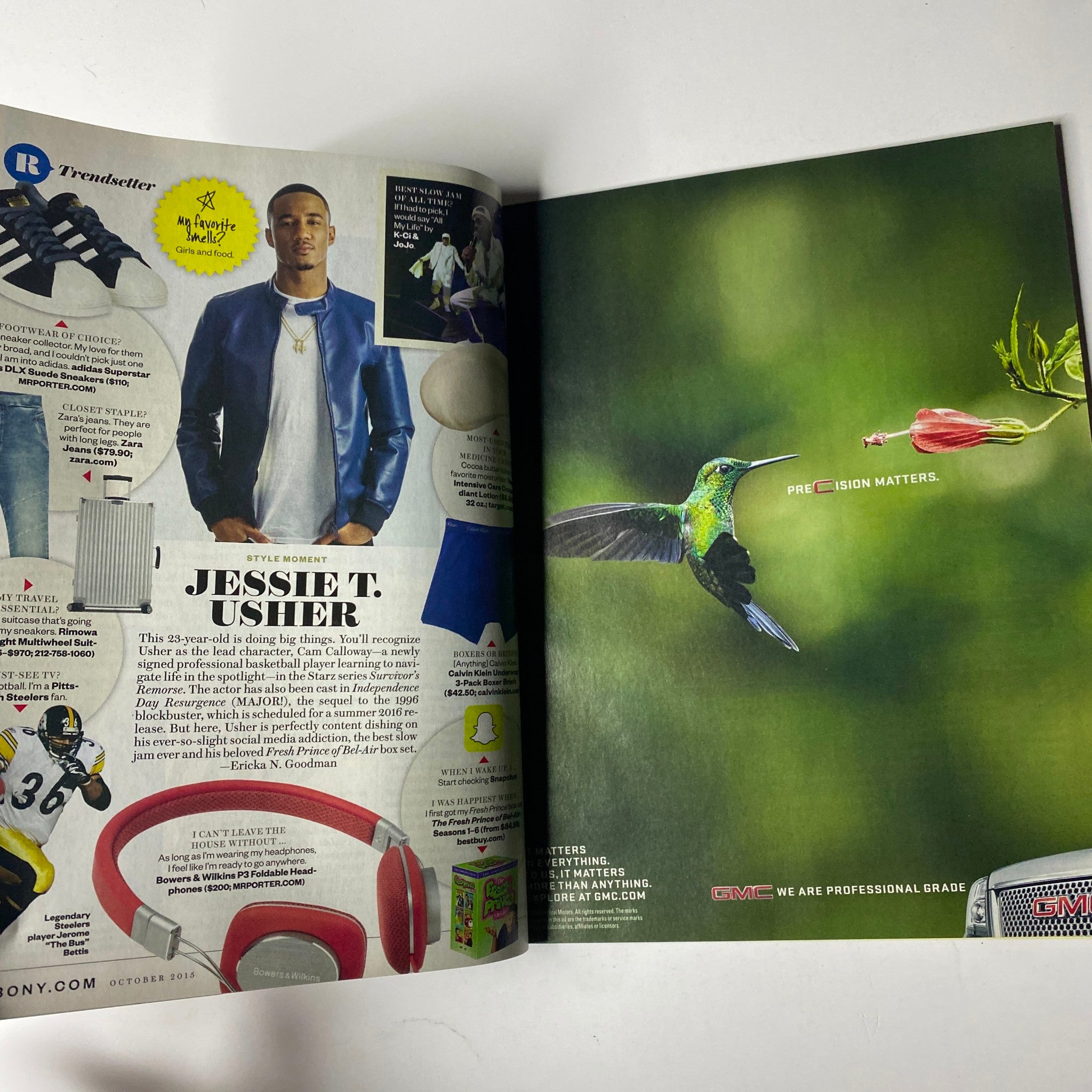 An advertisement page from Ebony Magazine October 2015, Vol. LXX, No. 12, featuring a profile on artist Jessie T. Usher and an advertisement for professional grades.